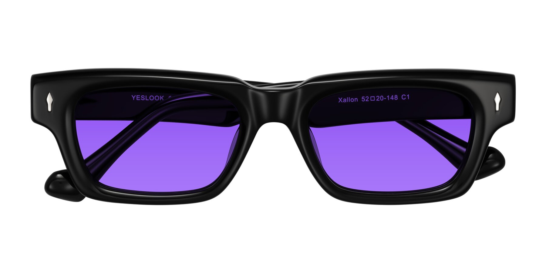 Folded Front of Xallon in Black with Purple Tinted Lenses
