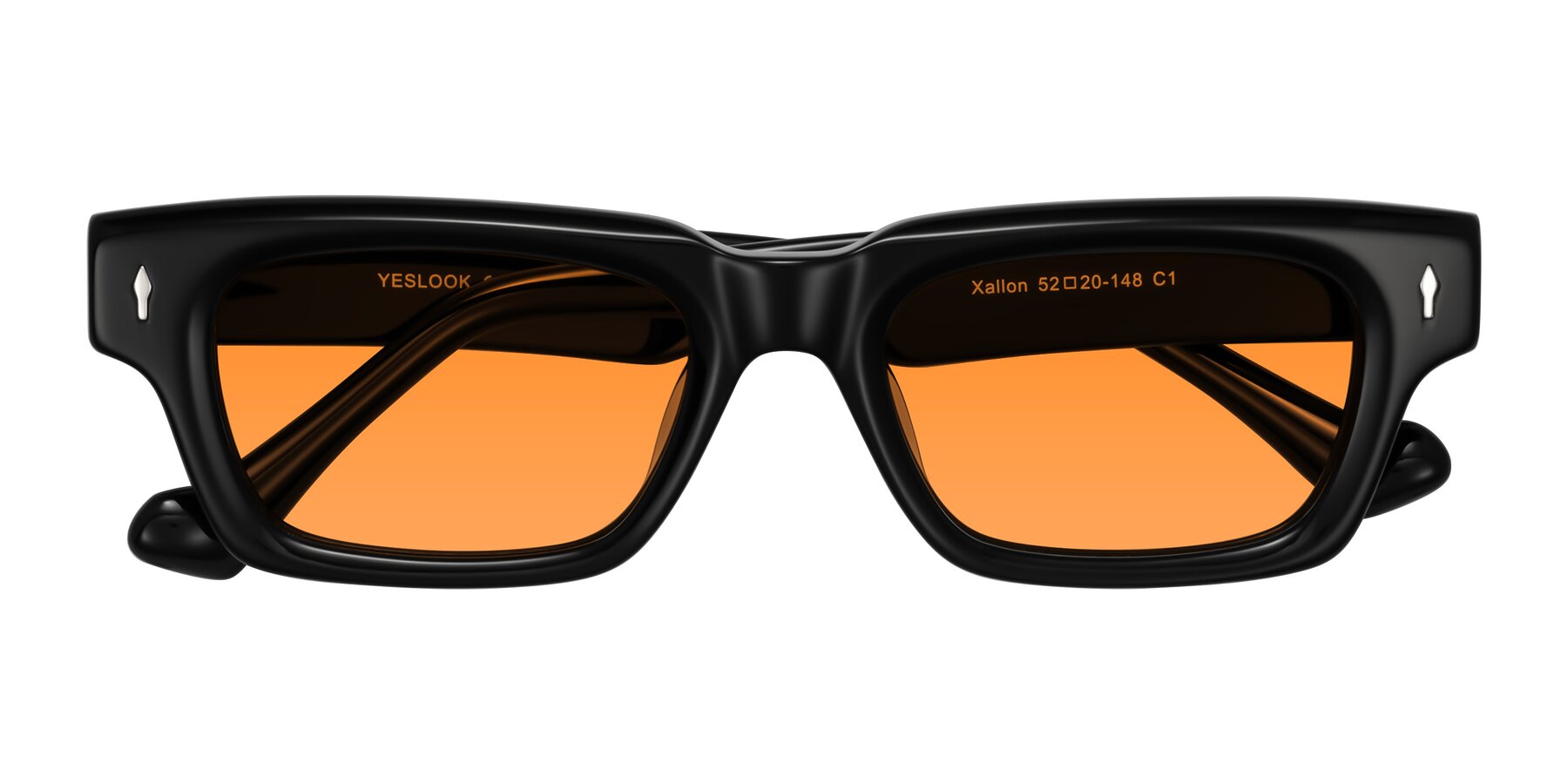 Folded Front of Xallon in Black with Orange Tinted Lenses