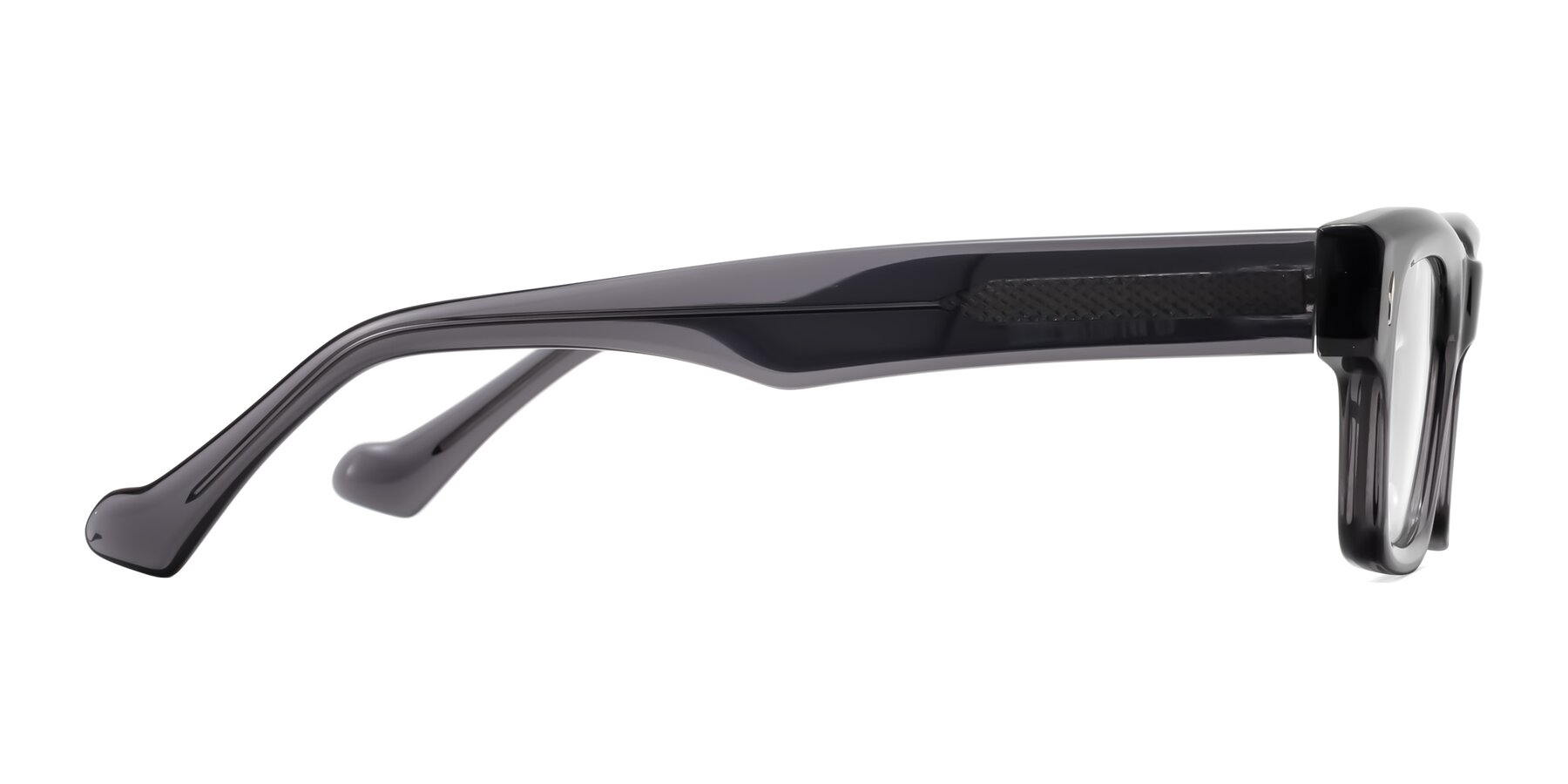Side of Xallon in Transparent Gray with Clear Eyeglass Lenses