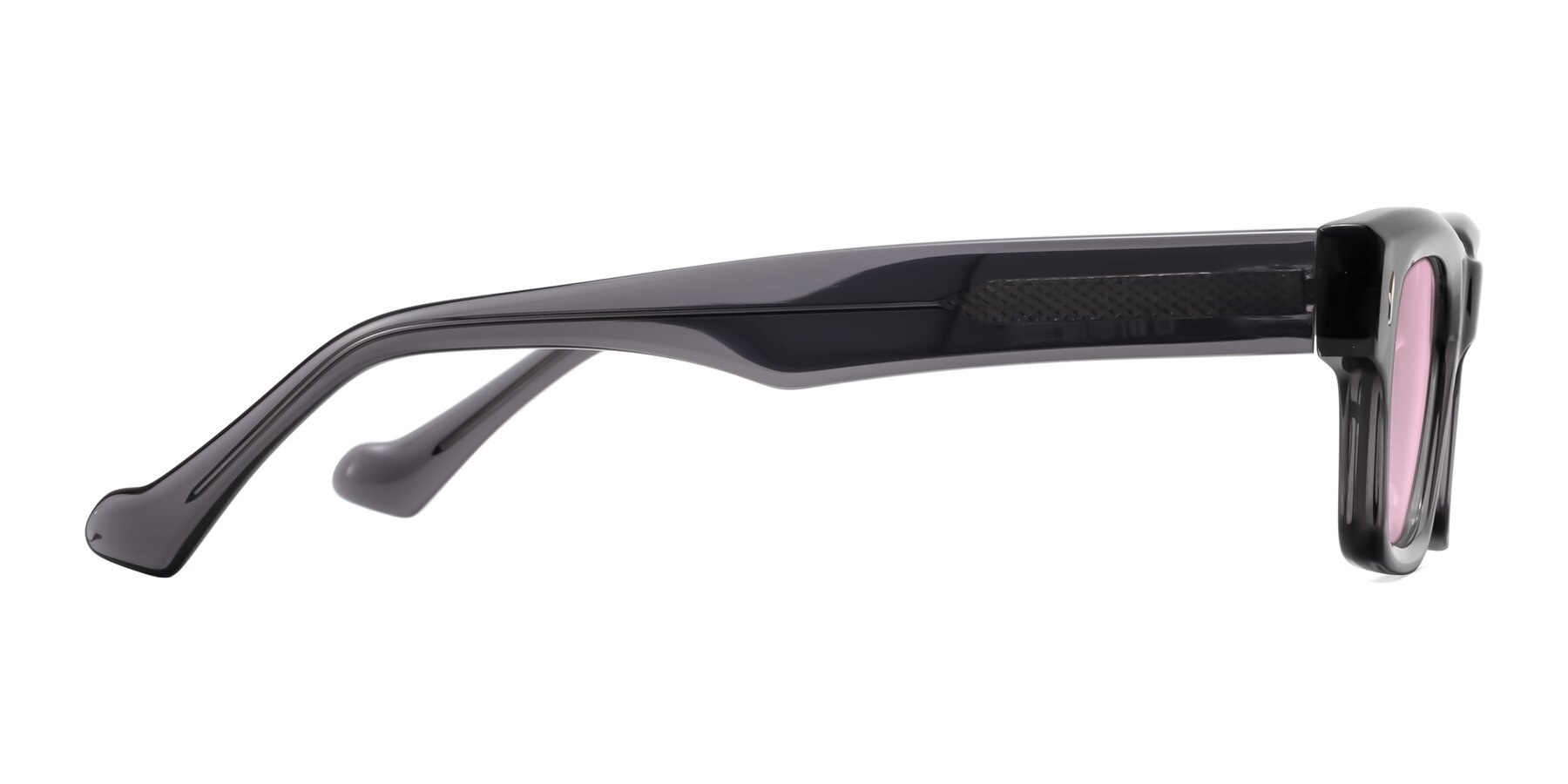 Side of Xallon in Transparent Gray with Light Pink Tinted Lenses