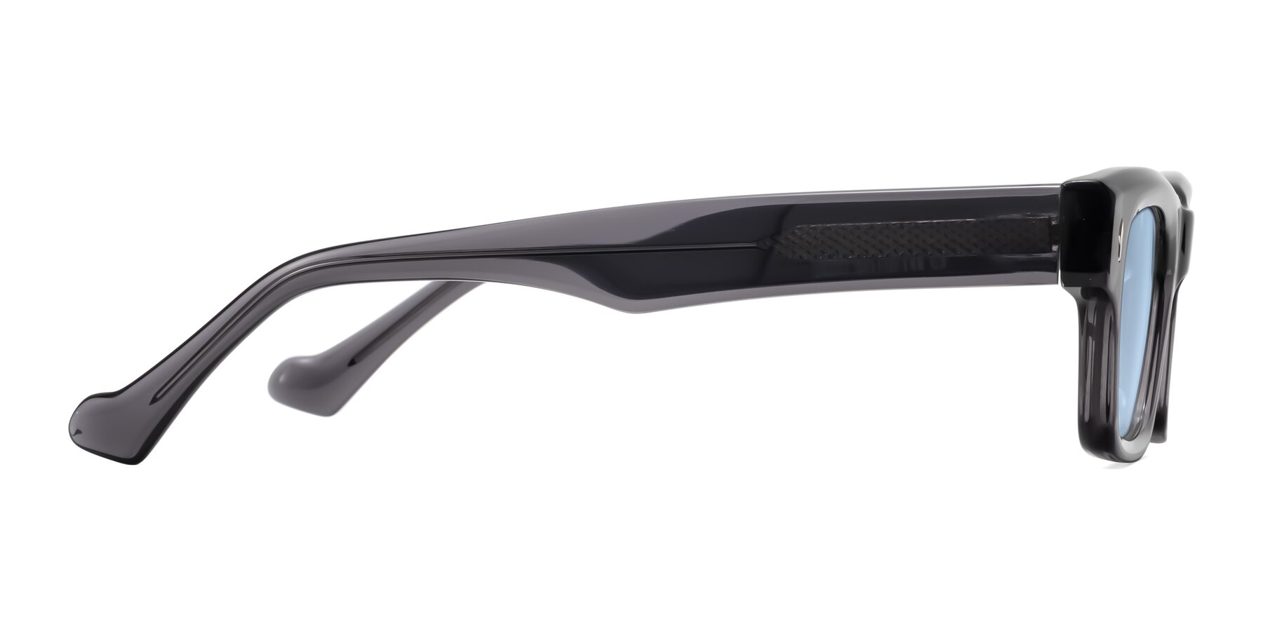 Side of Xallon in Transparent Gray with Light Blue Tinted Lenses
