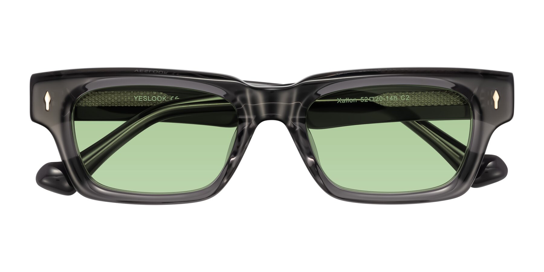 Folded Front of Xallon in Transparent Gray with Medium Green Tinted Lenses