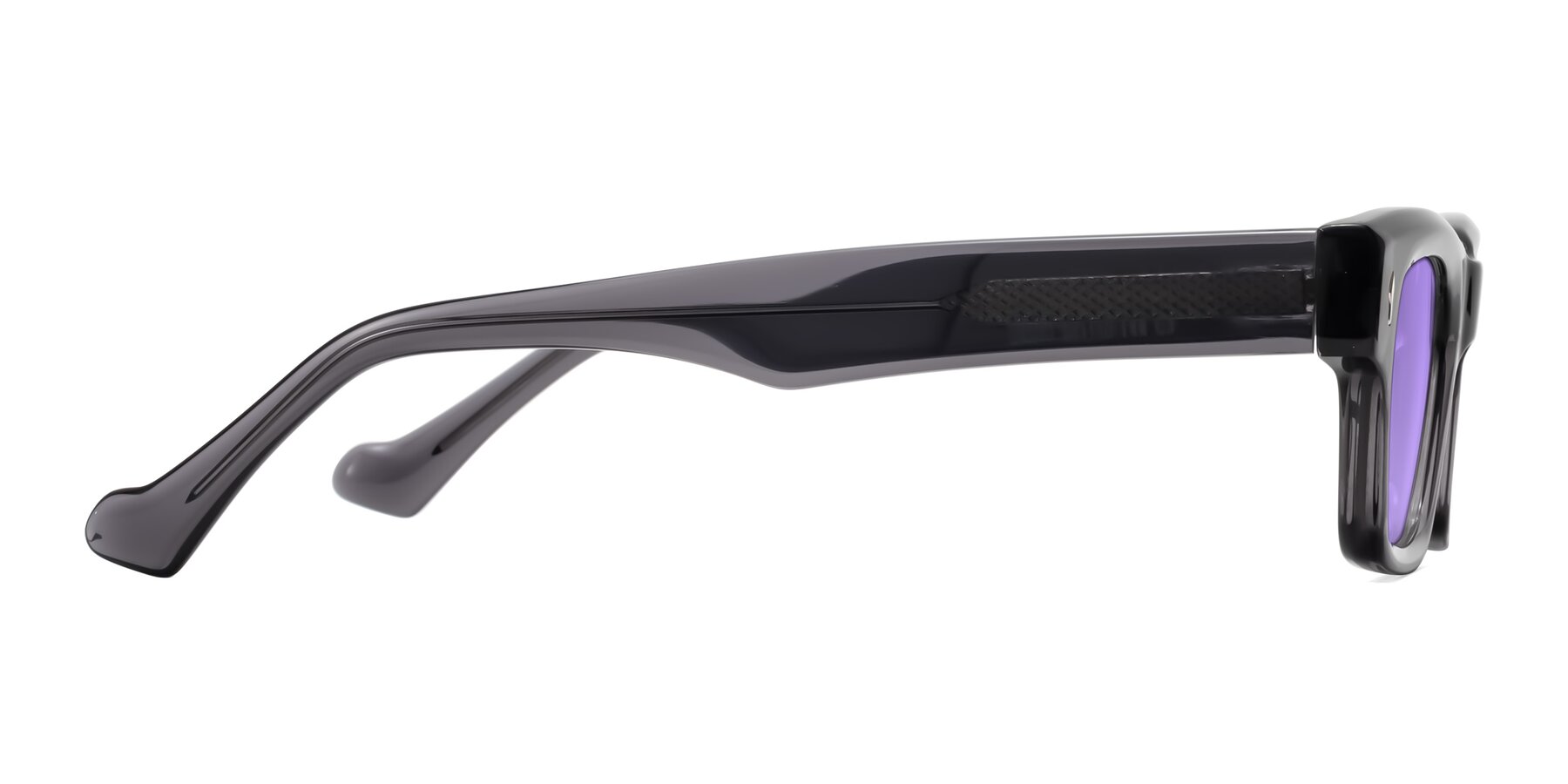 Side of Xallon in Transparent Gray with Medium Purple Tinted Lenses