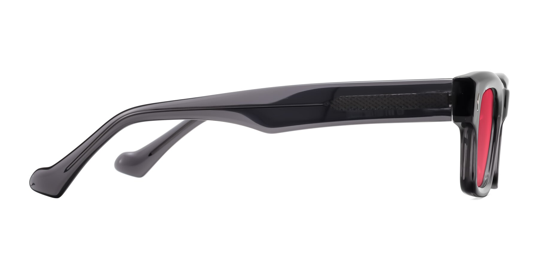 Side of Xallon in Transparent Gray with Red Tinted Lenses