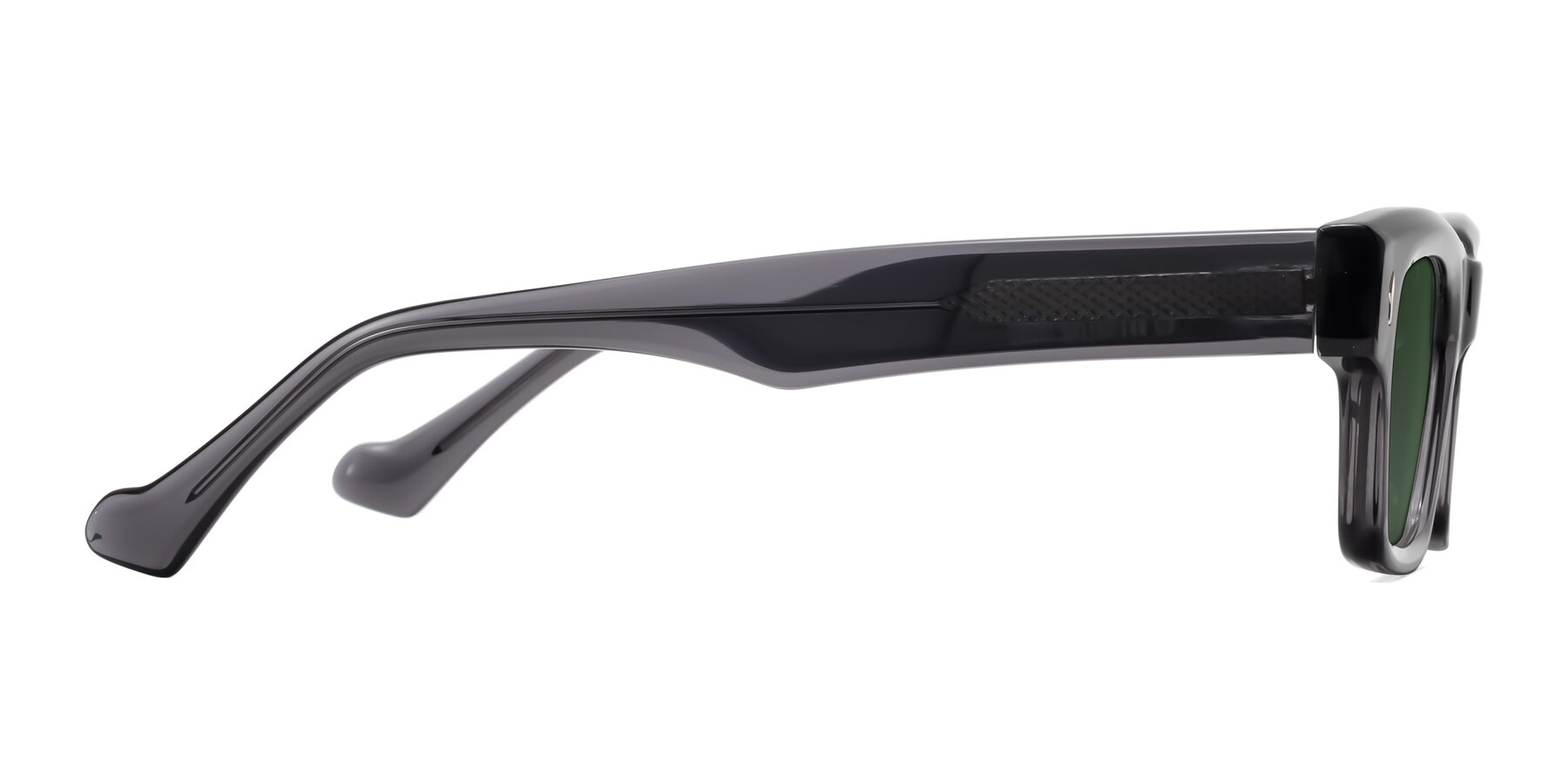 Side of Xallon in Transparent Gray with Green Tinted Lenses