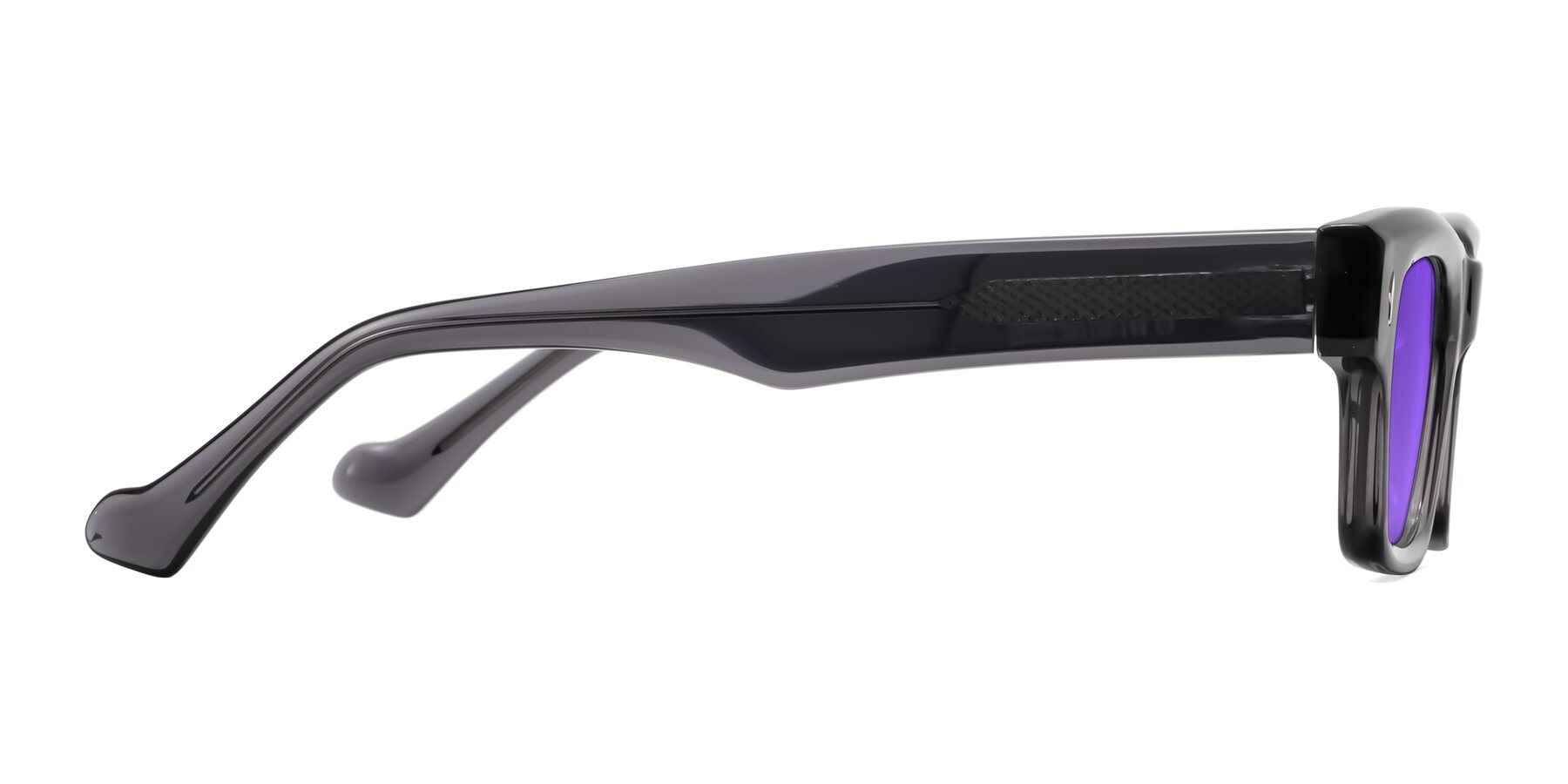 Side of Xallon in Transparent Gray with Purple Tinted Lenses