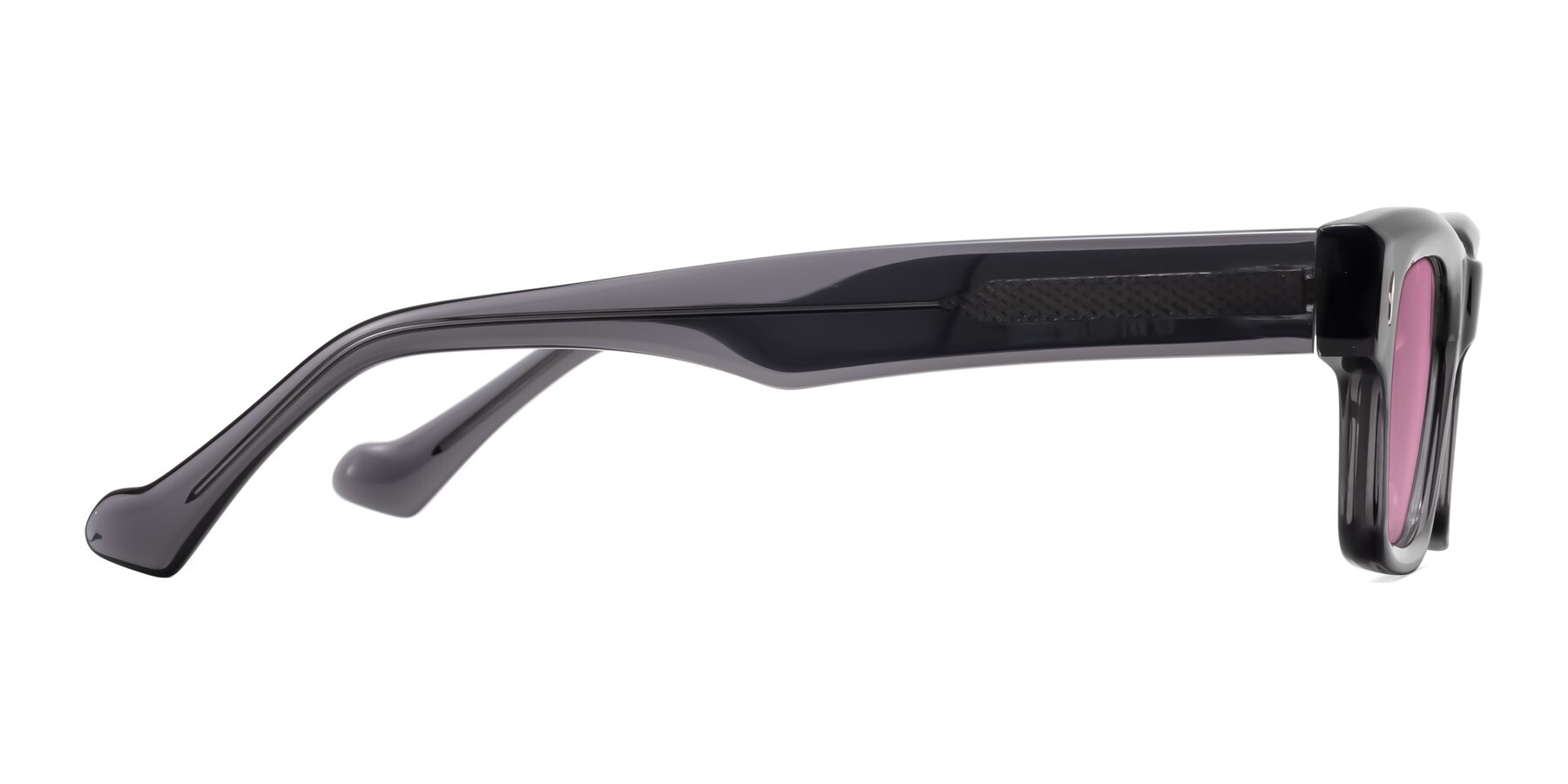 Side of Xallon in Transparent Gray with Medium Wine Tinted Lenses