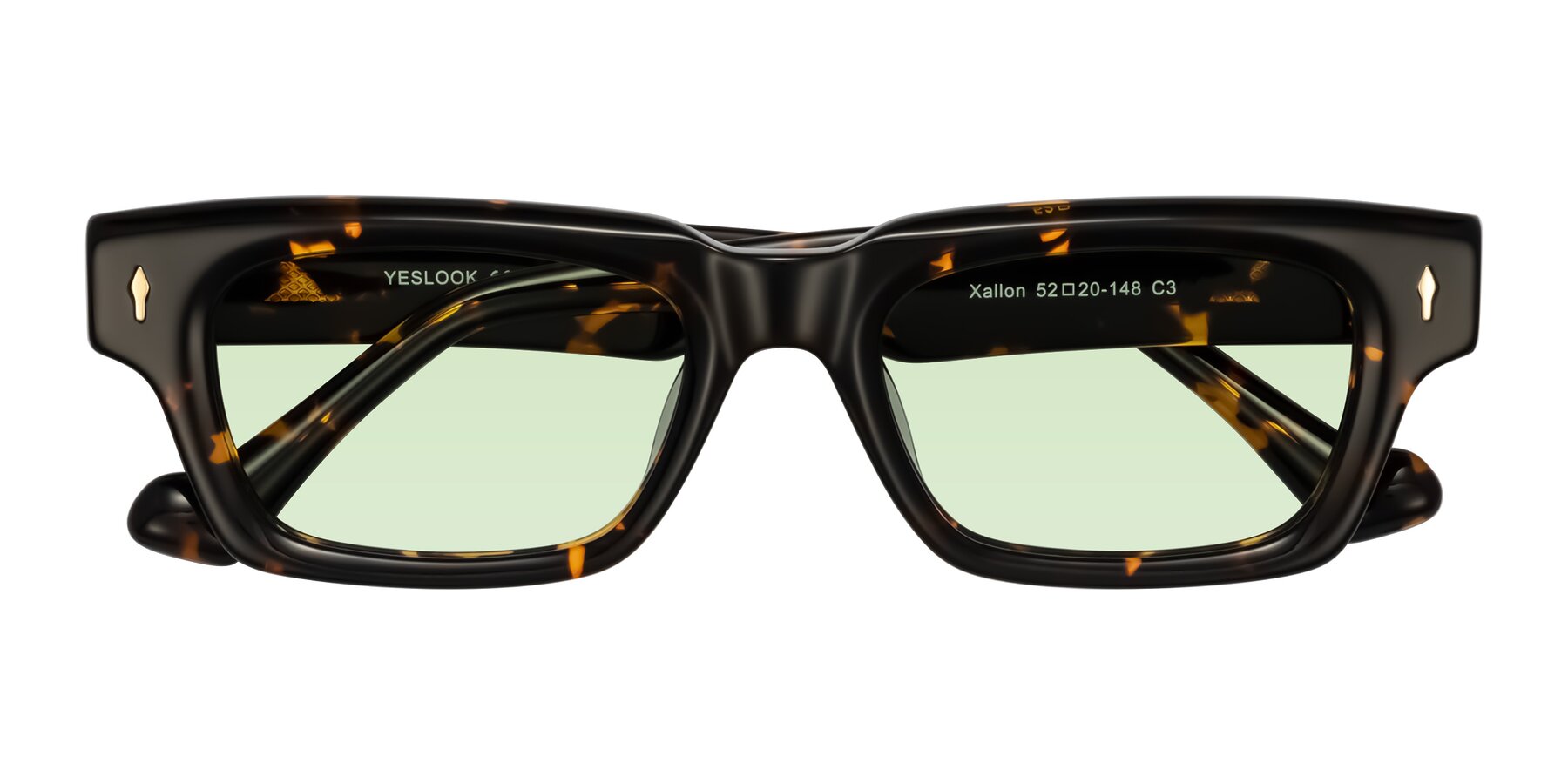 Folded Front of Xallon in Tortoise with Light Green Tinted Lenses