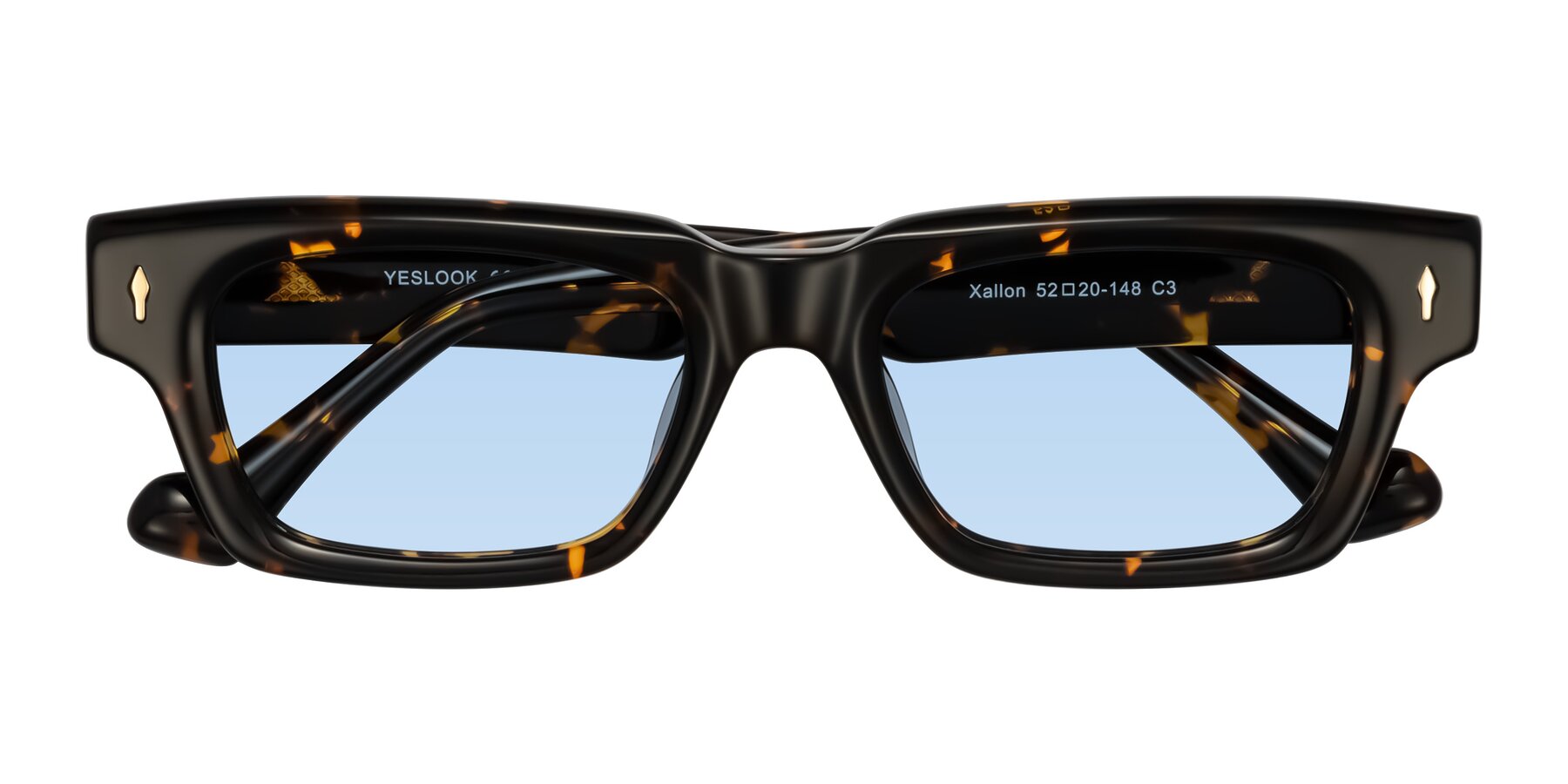 Folded Front of Xallon in Tortoise with Light Blue Tinted Lenses