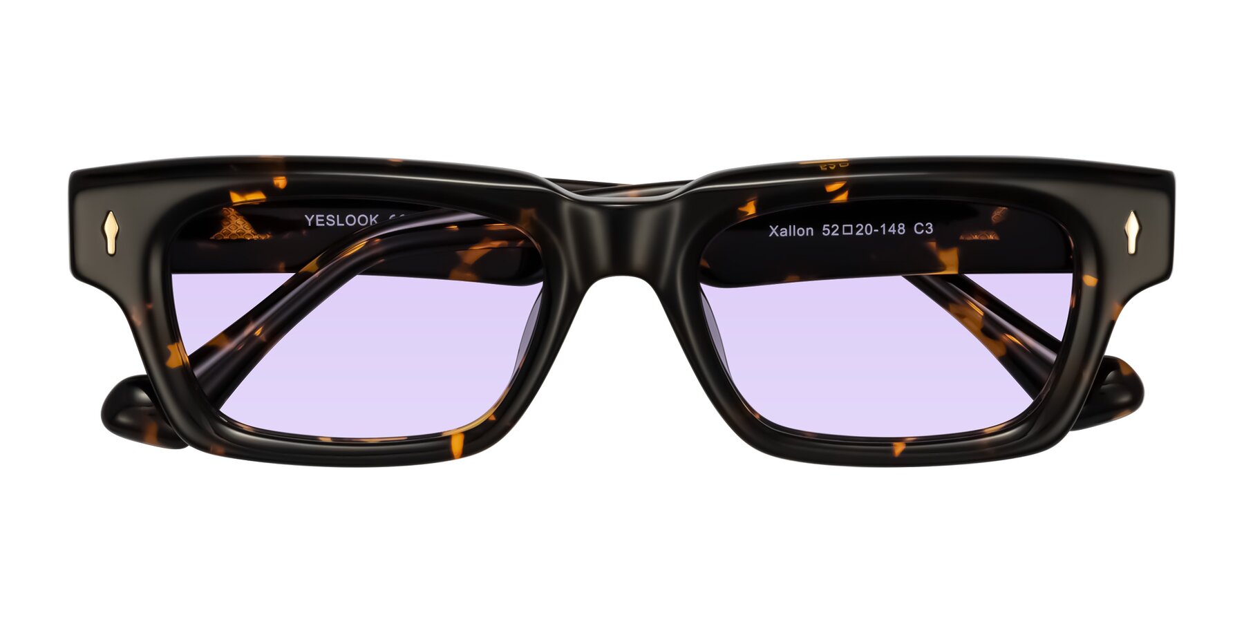 Folded Front of Xallon in Tortoise with Light Purple Tinted Lenses