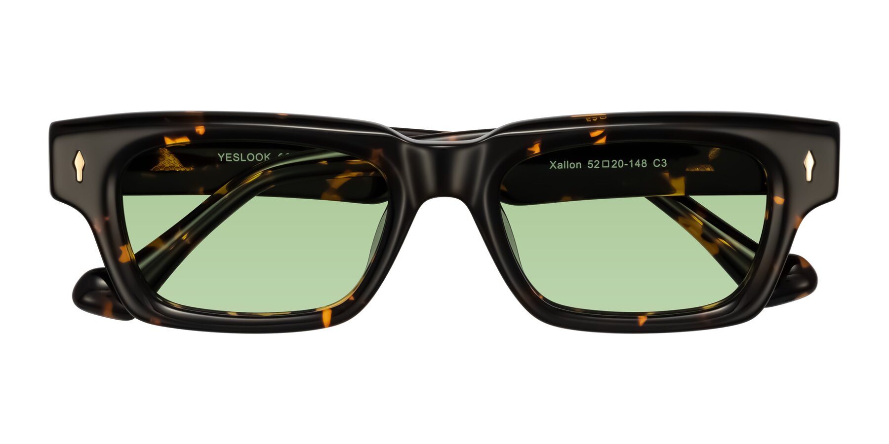 Folded Front of Xallon in Tortoise with Medium Green Tinted Lenses