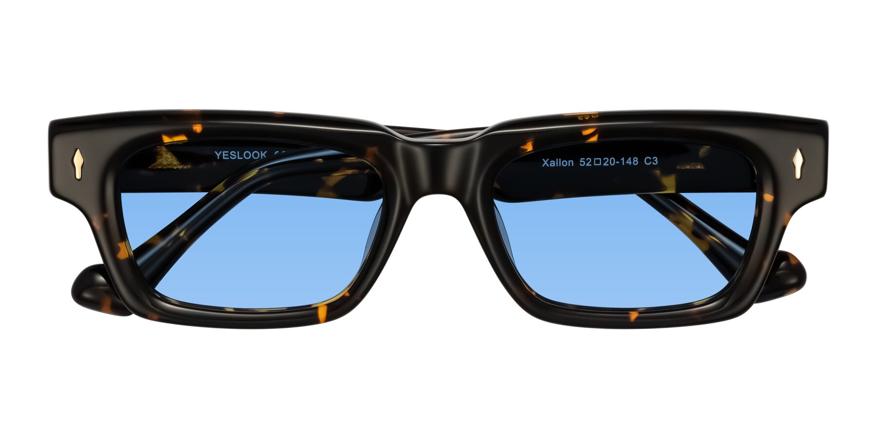 Folded Front of Xallon in Tortoise with Medium Blue Tinted Lenses