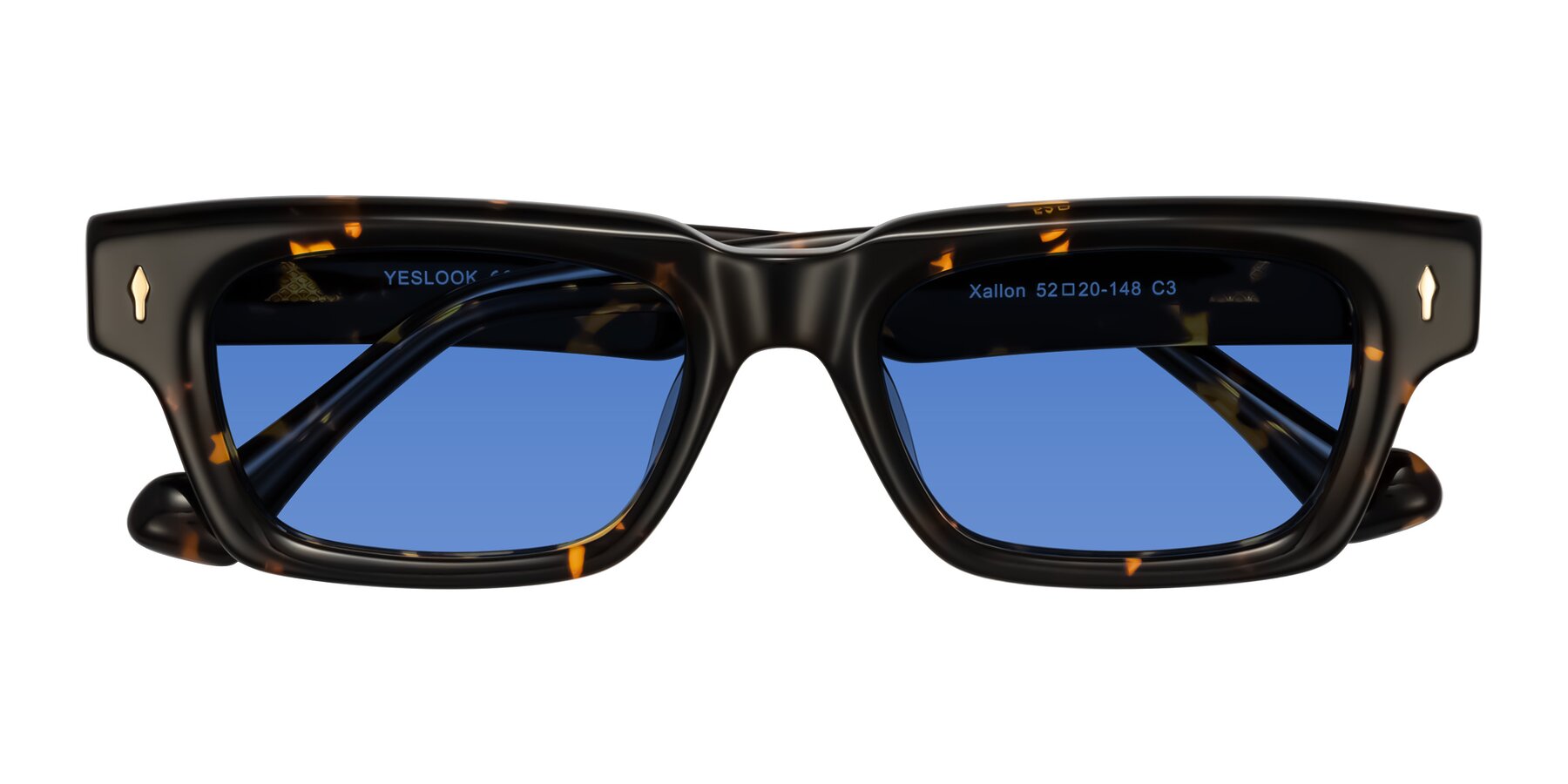 Folded Front of Xallon in Tortoise with Blue Tinted Lenses