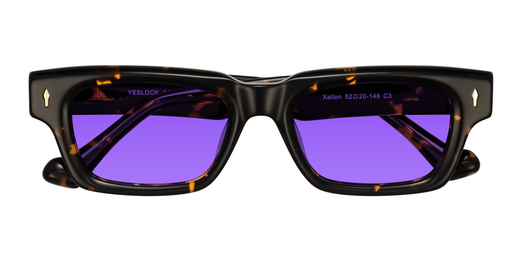 Folded Front of Xallon in Tortoise with Purple Tinted Lenses