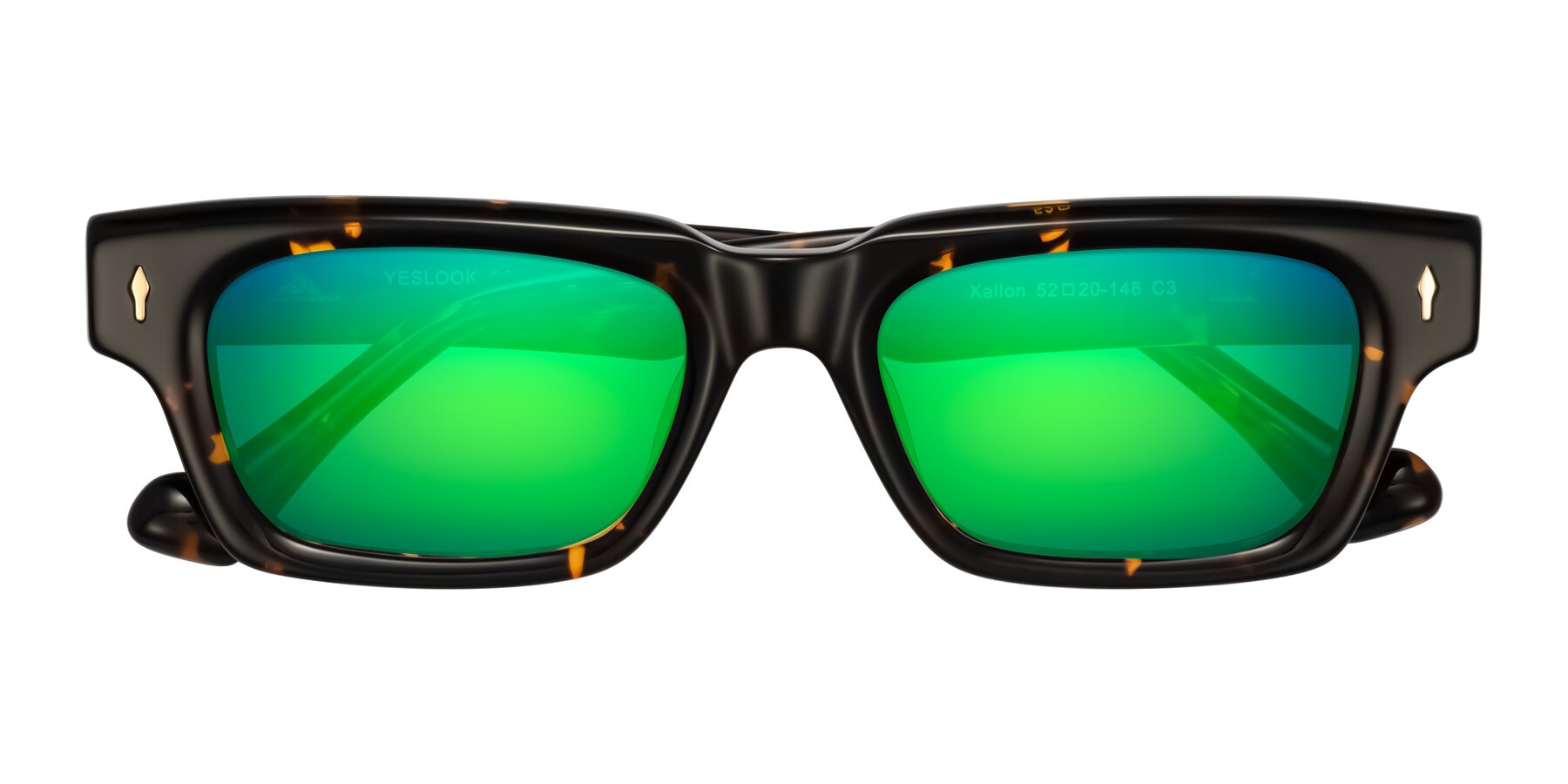Folded Front of Xallon in Tortoise with Green Mirrored Lenses