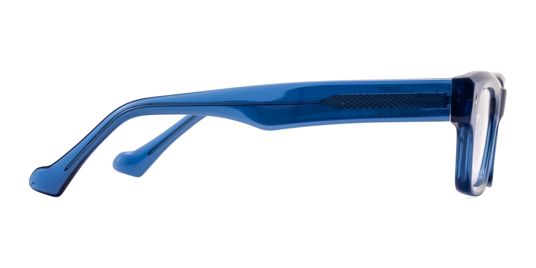 Side of Xallon in Blue with Clear Eyeglass Lenses