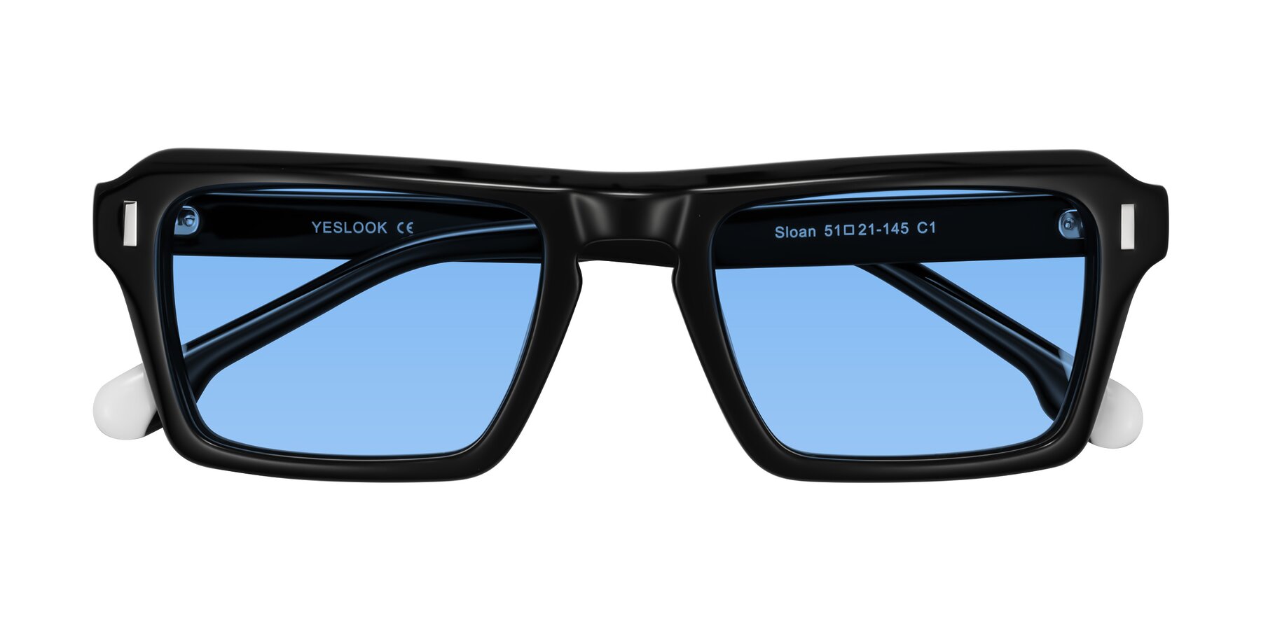 Folded Front of Sloan in Black with Medium Blue Tinted Lenses