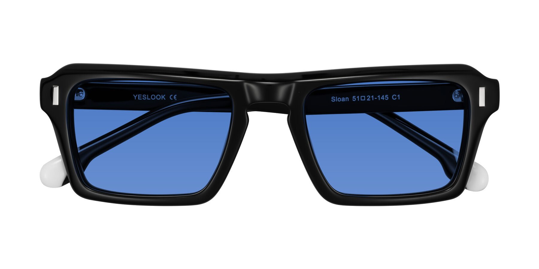 Folded Front of Sloan in Black with Blue Tinted Lenses