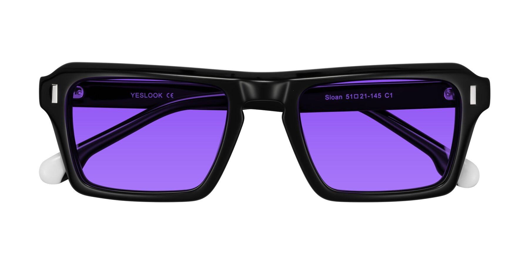 Folded Front of Sloan in Black with Purple Tinted Lenses