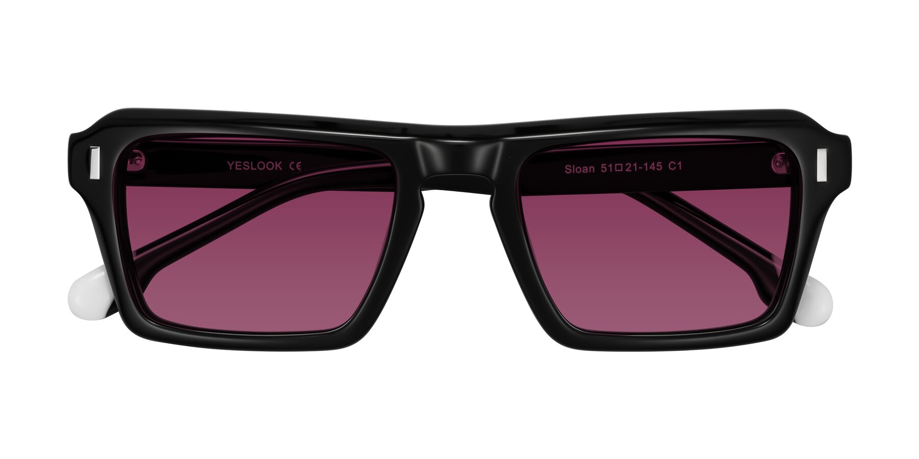 Folded Front of Sloan in Black with Wine Tinted Lenses