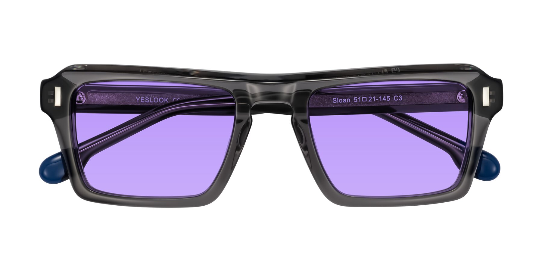 Folded Front of Sloan in Translucent Gray with Medium Purple Tinted Lenses