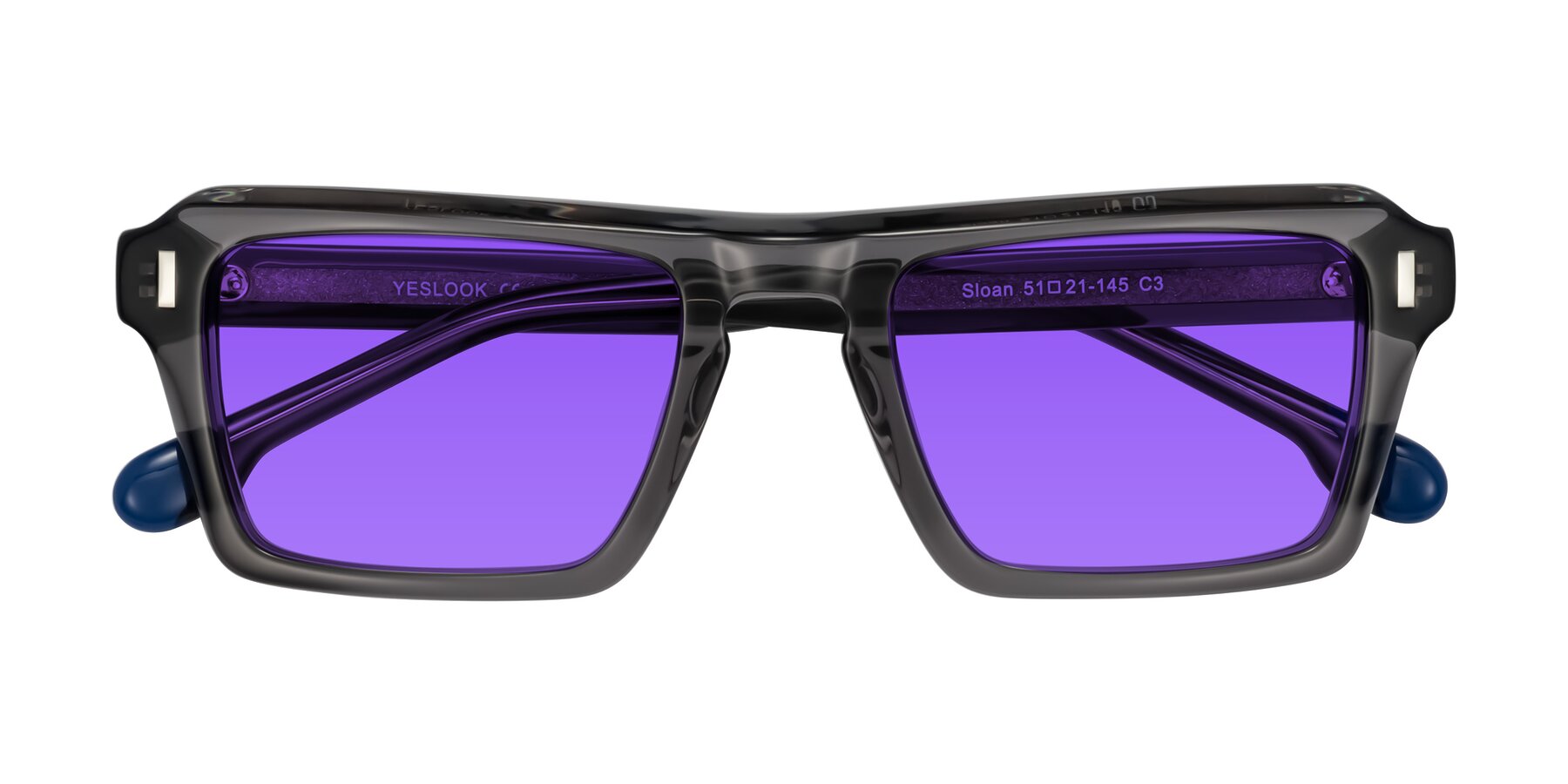 Folded Front of Sloan in Translucent Gray with Purple Tinted Lenses
