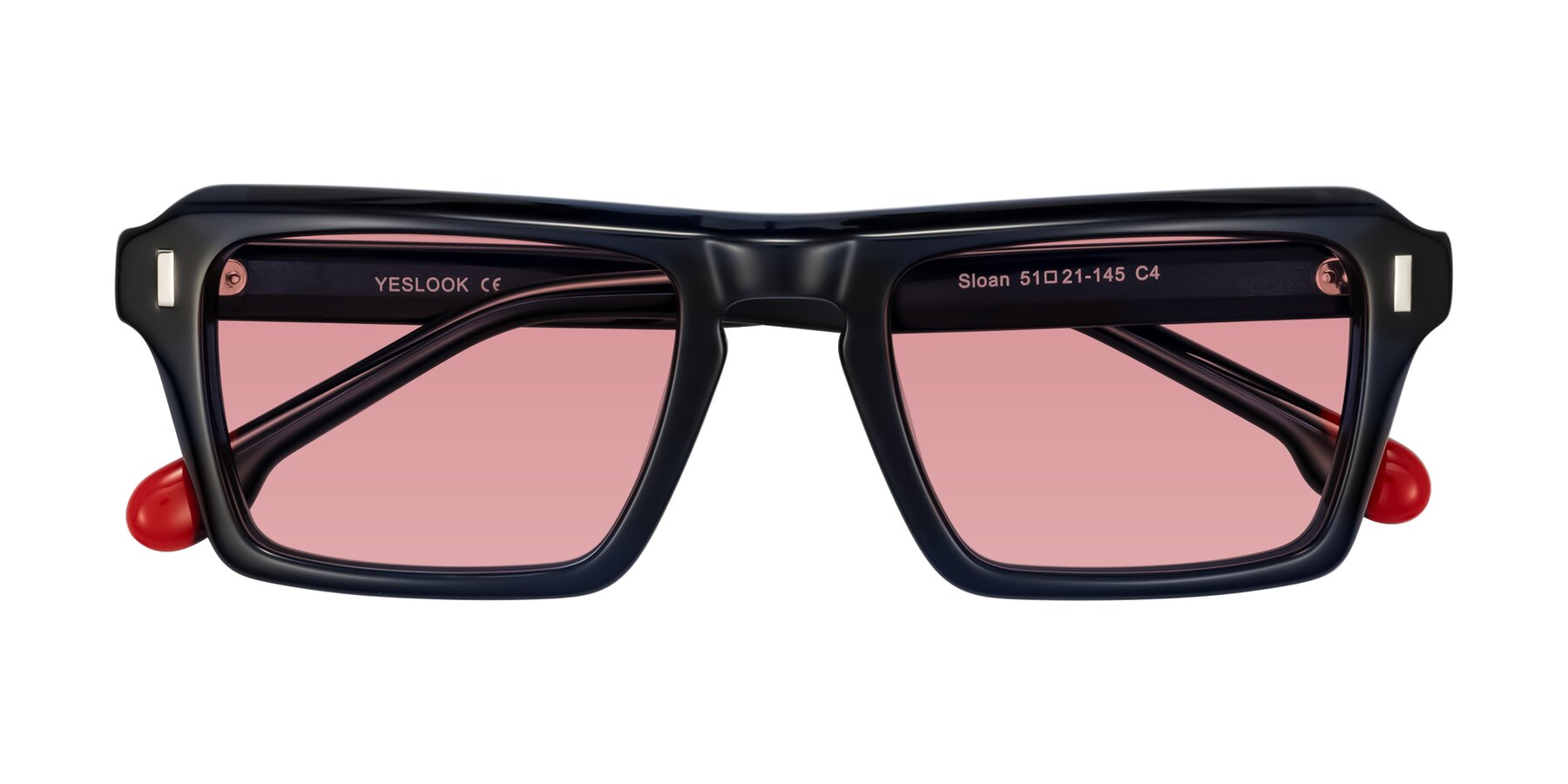 Folded Front of Sloan in Dark Navy with Medium Garnet Tinted Lenses