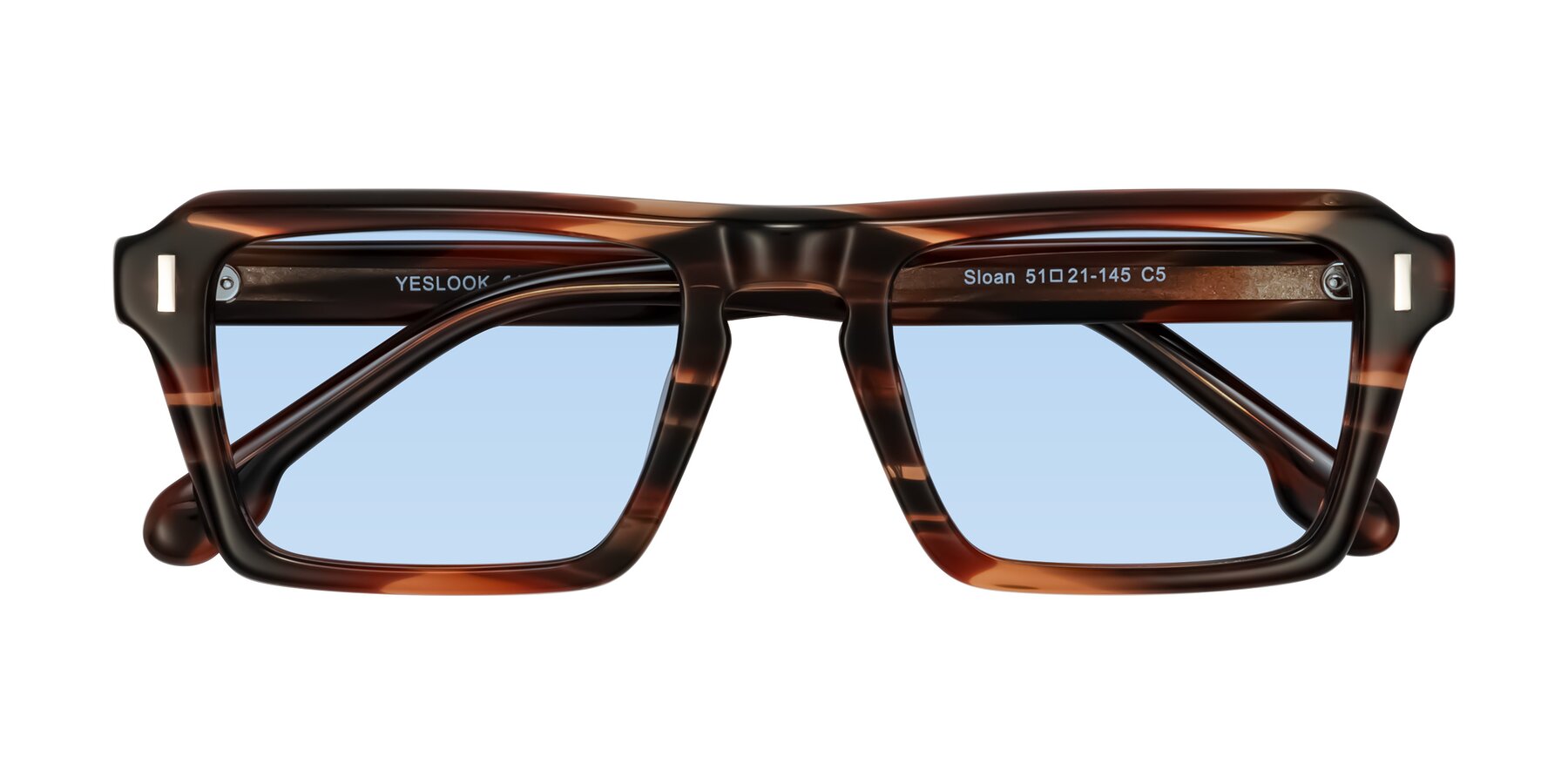 Folded Front of Sloan in Brown Striped with Light Blue Tinted Lenses