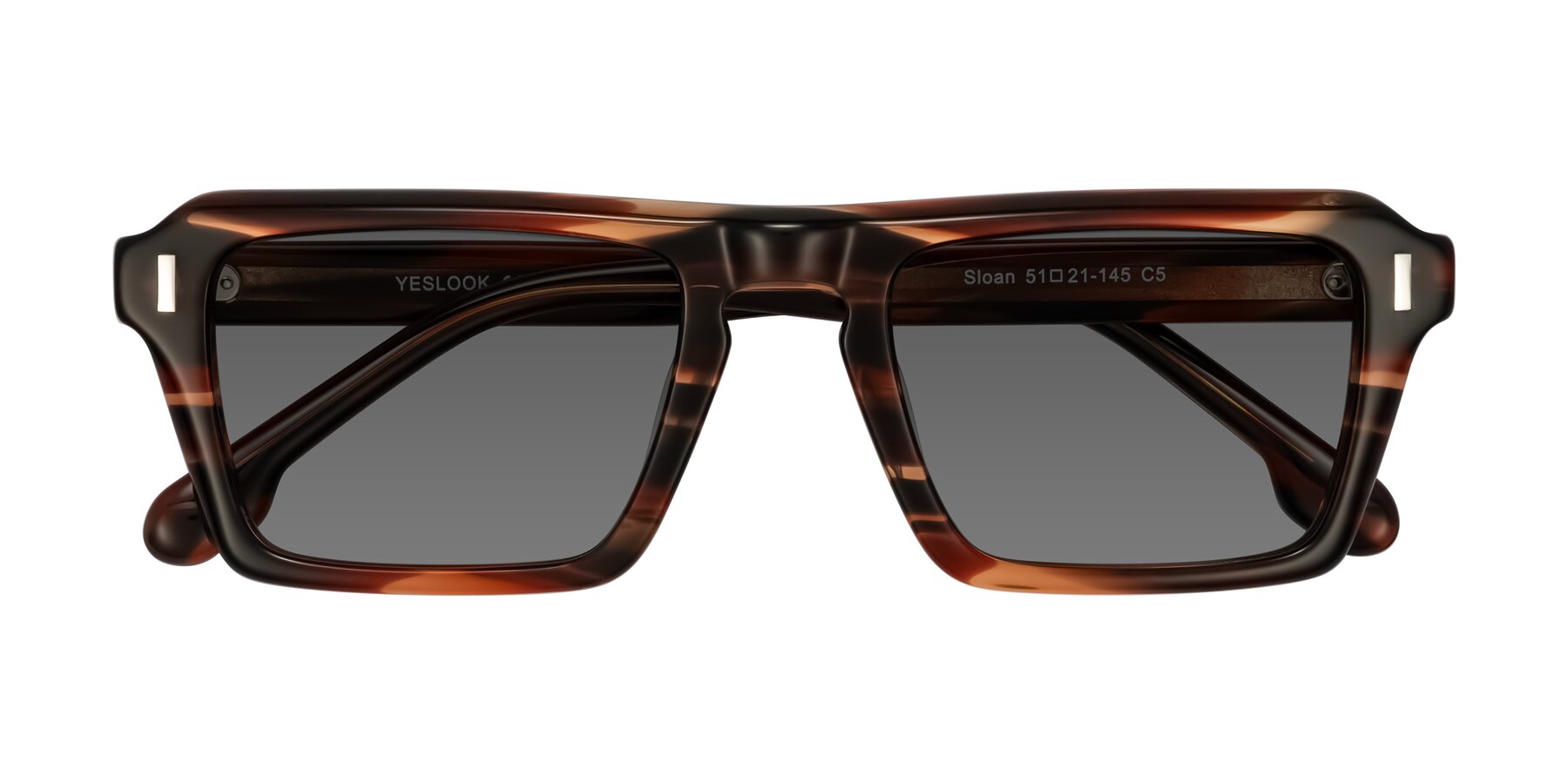 Folded Front of Sloan in Brown Striped with Medium Gray Tinted Lenses