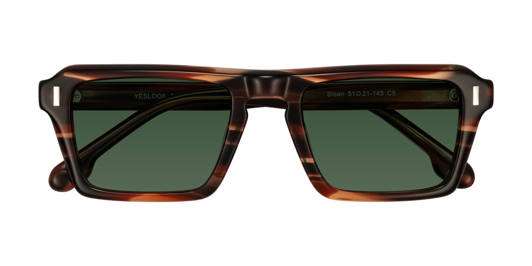 Folded Front of Sloan in Brown Striped with Green Tinted Lenses