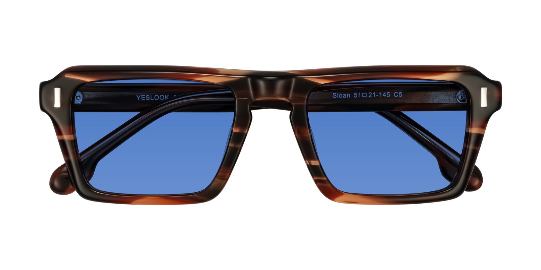 Folded Front of Sloan in Brown Striped with Blue Tinted Lenses