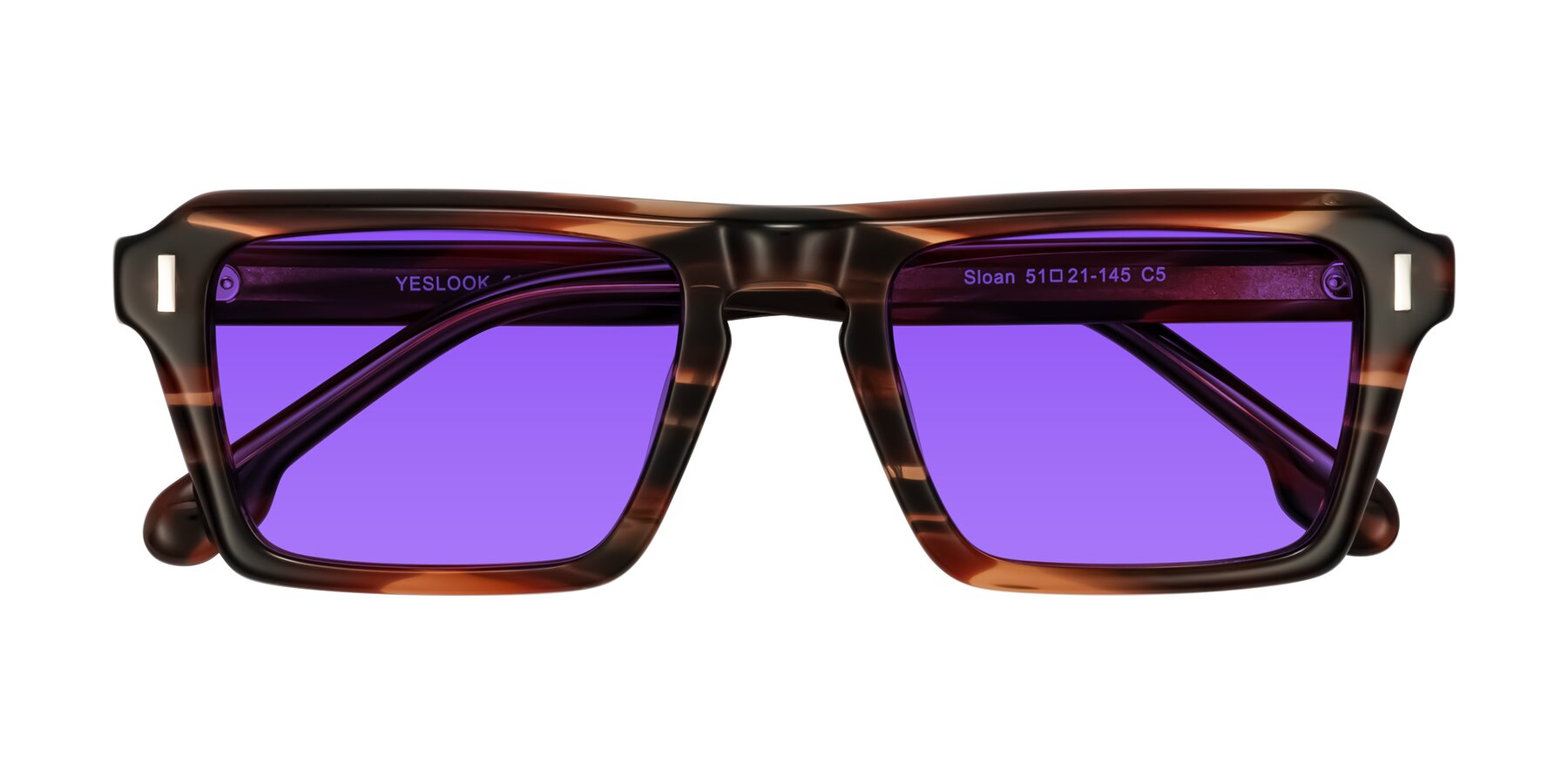 Folded Front of Sloan in Brown Striped with Purple Tinted Lenses