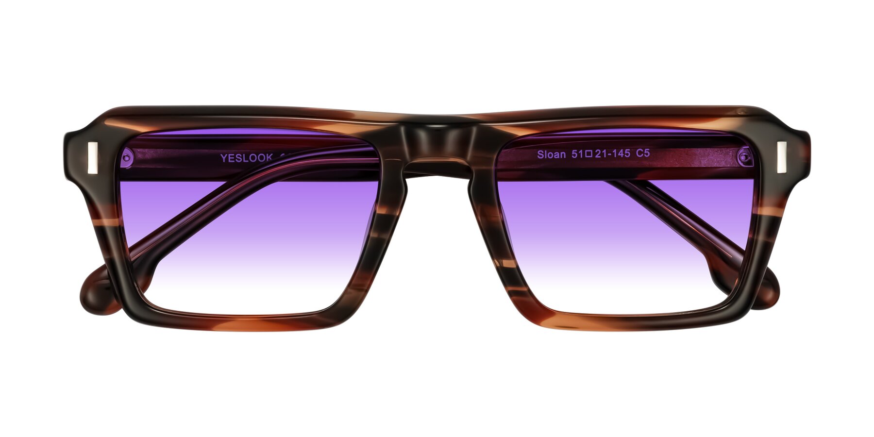 Folded Front of Sloan in Brown Striped with Purple Gradient Lenses
