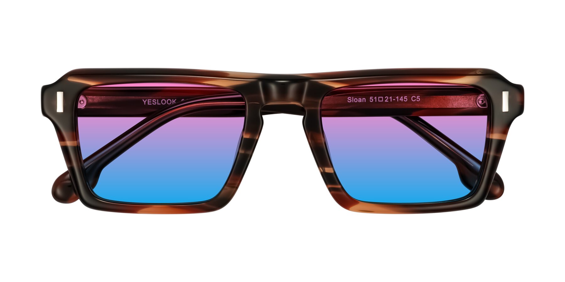 Folded Front of Sloan in Brown Striped with Pink / Blue Gradient Lenses