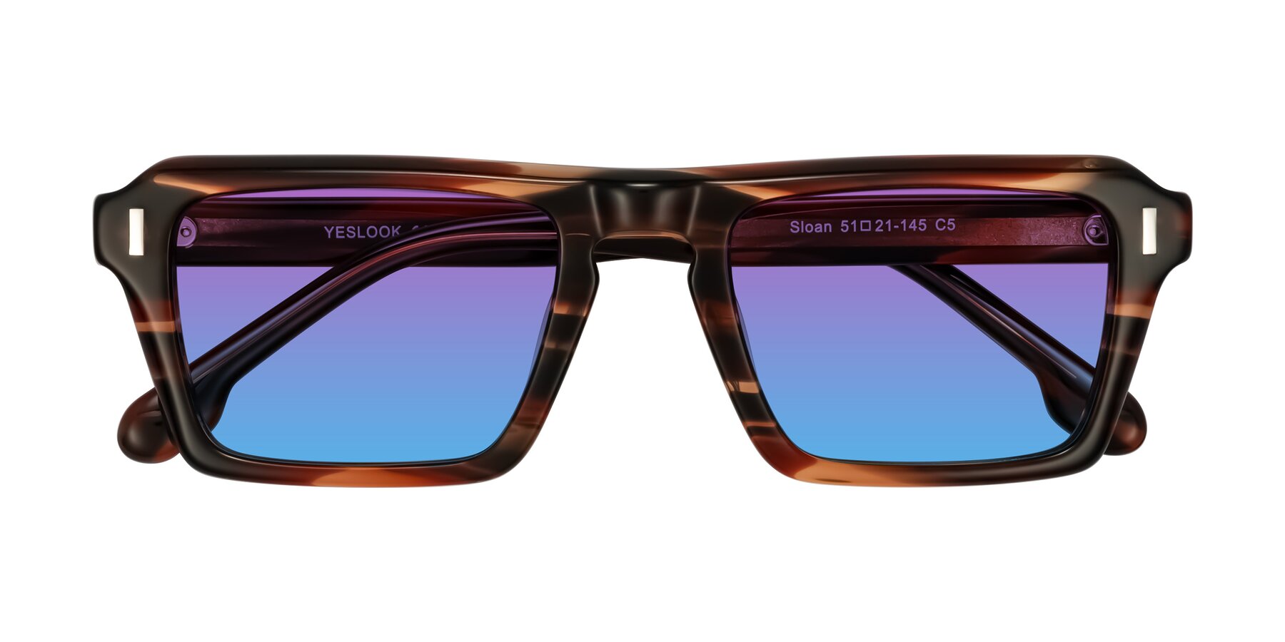 Folded Front of Sloan in Brown Striped with Purple / Blue Gradient Lenses