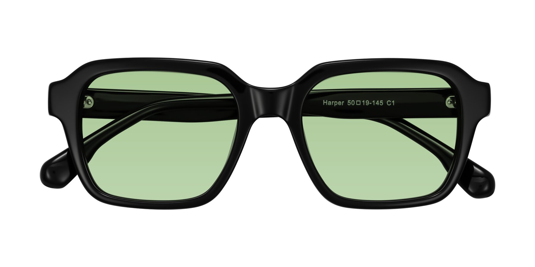 Folded Front of Harper in Black with Medium Green Tinted Lenses