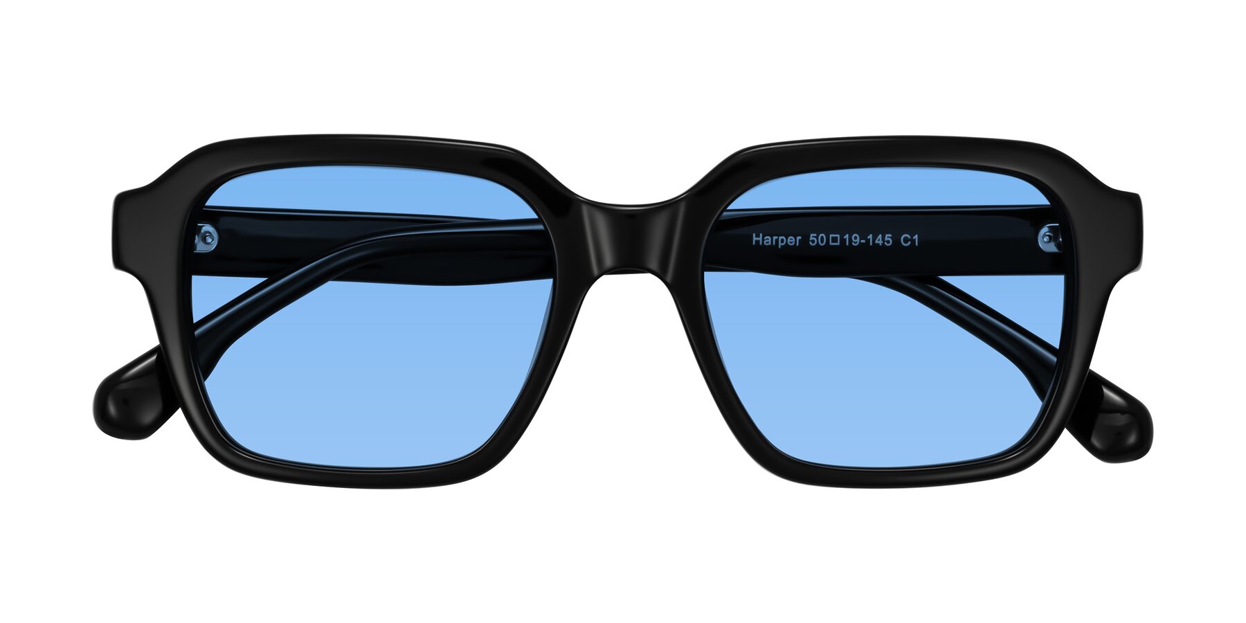 Folded Front of Harper in Black with Medium Blue Tinted Lenses