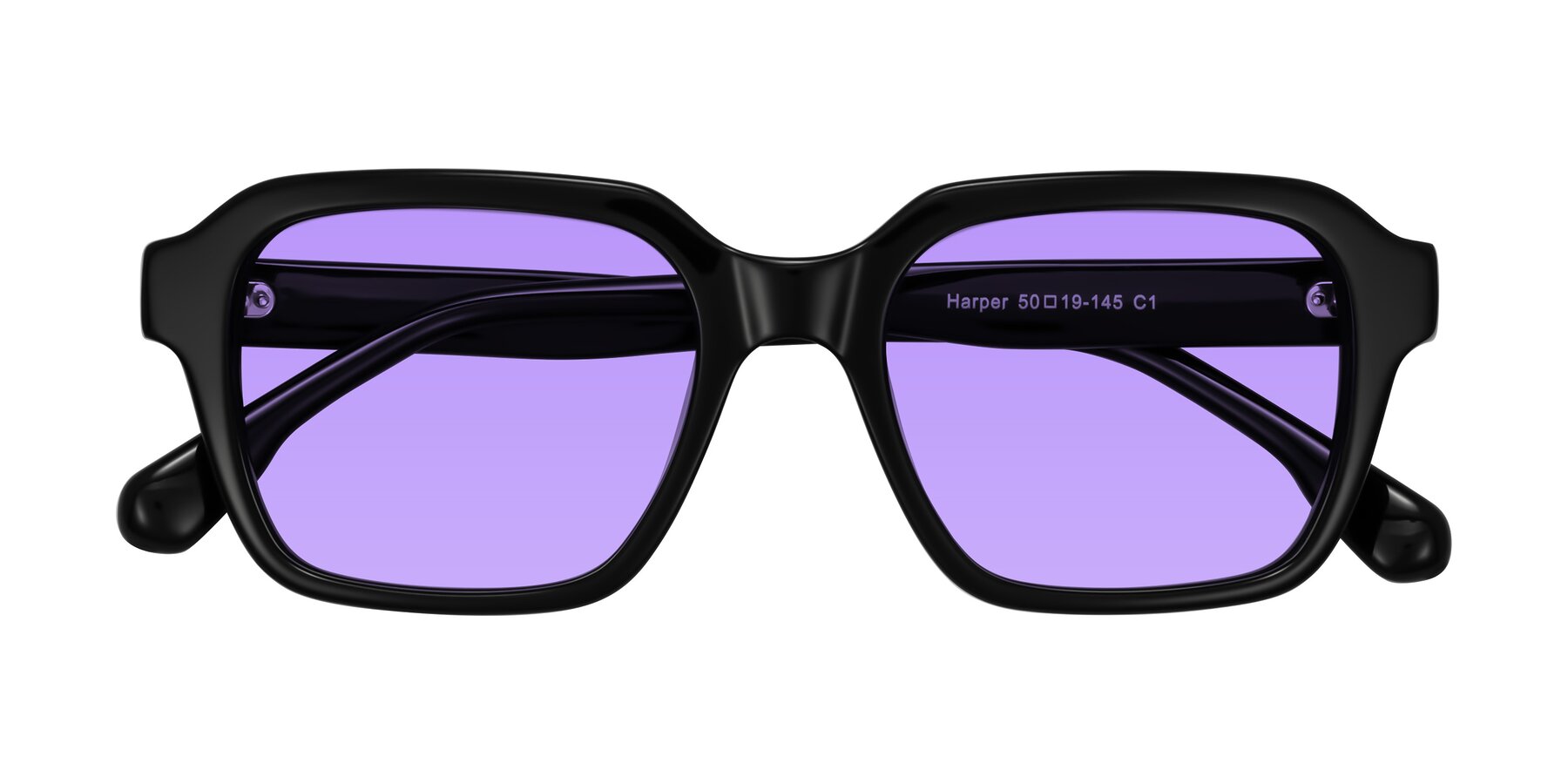 Folded Front of Harper in Black with Medium Purple Tinted Lenses