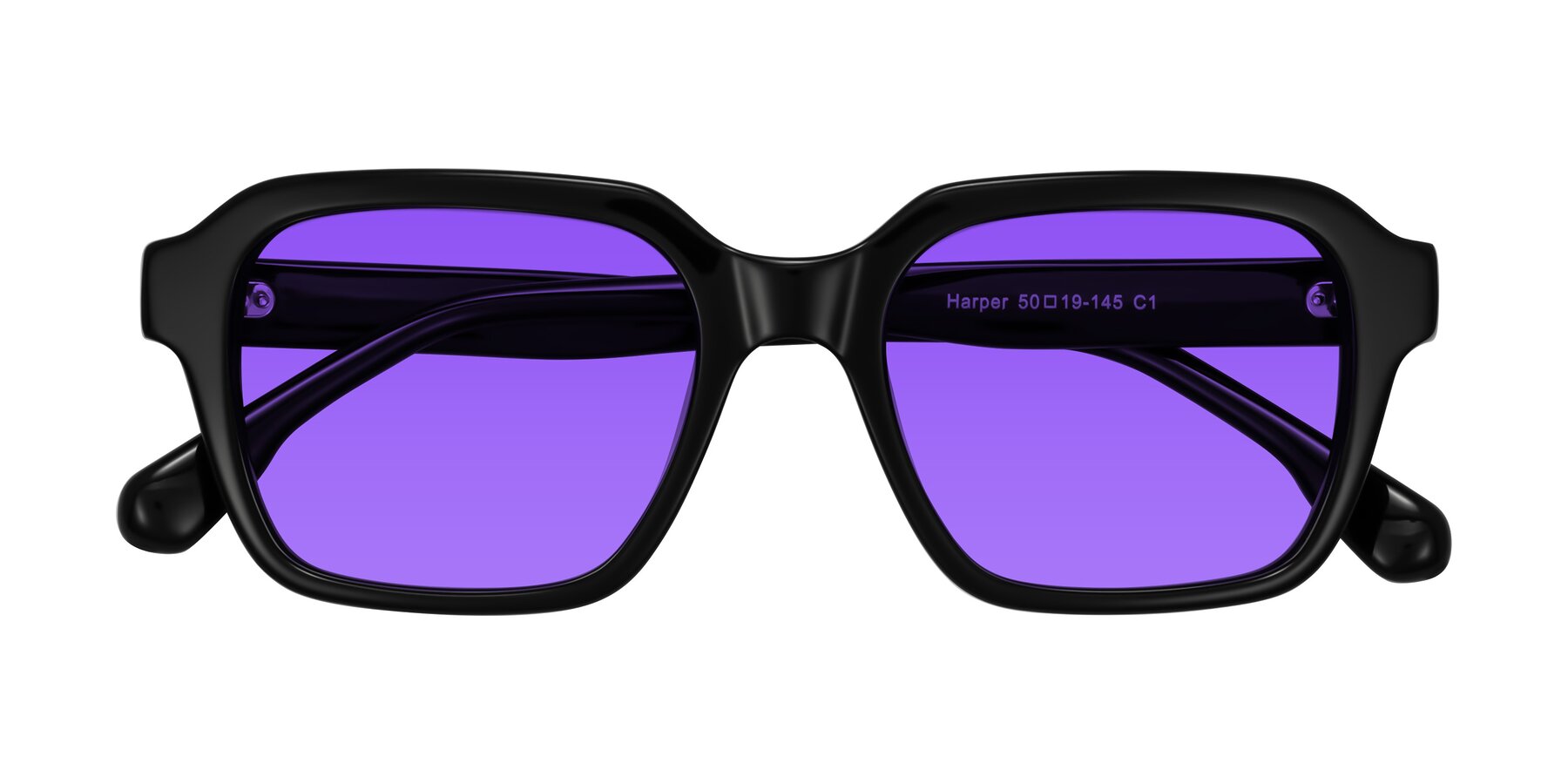 Folded Front of Harper in Black with Purple Tinted Lenses