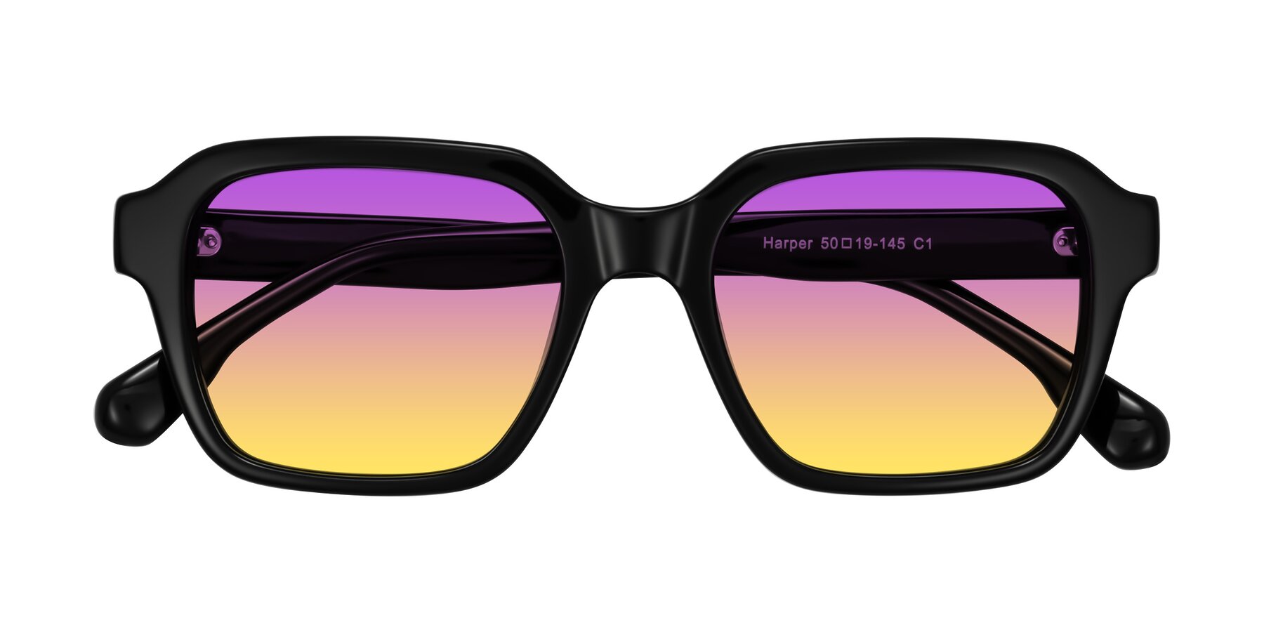 Folded Front of Harper in Black with Purple / Yellow Gradient Lenses