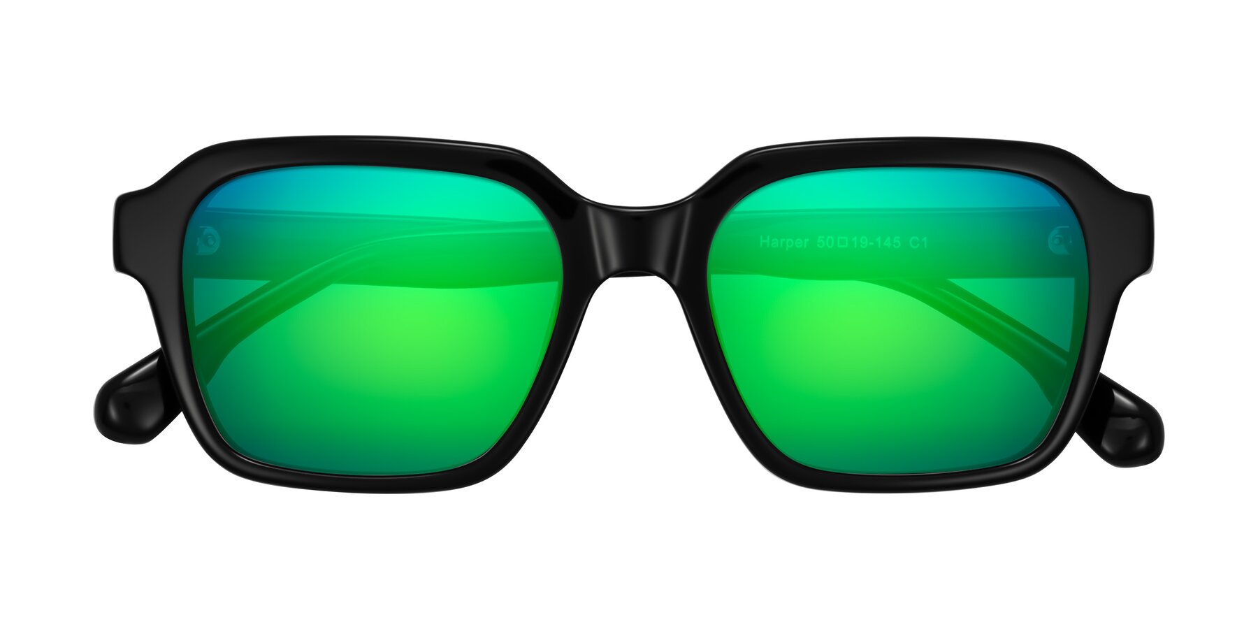 Folded Front of Harper in Black with Green Mirrored Lenses