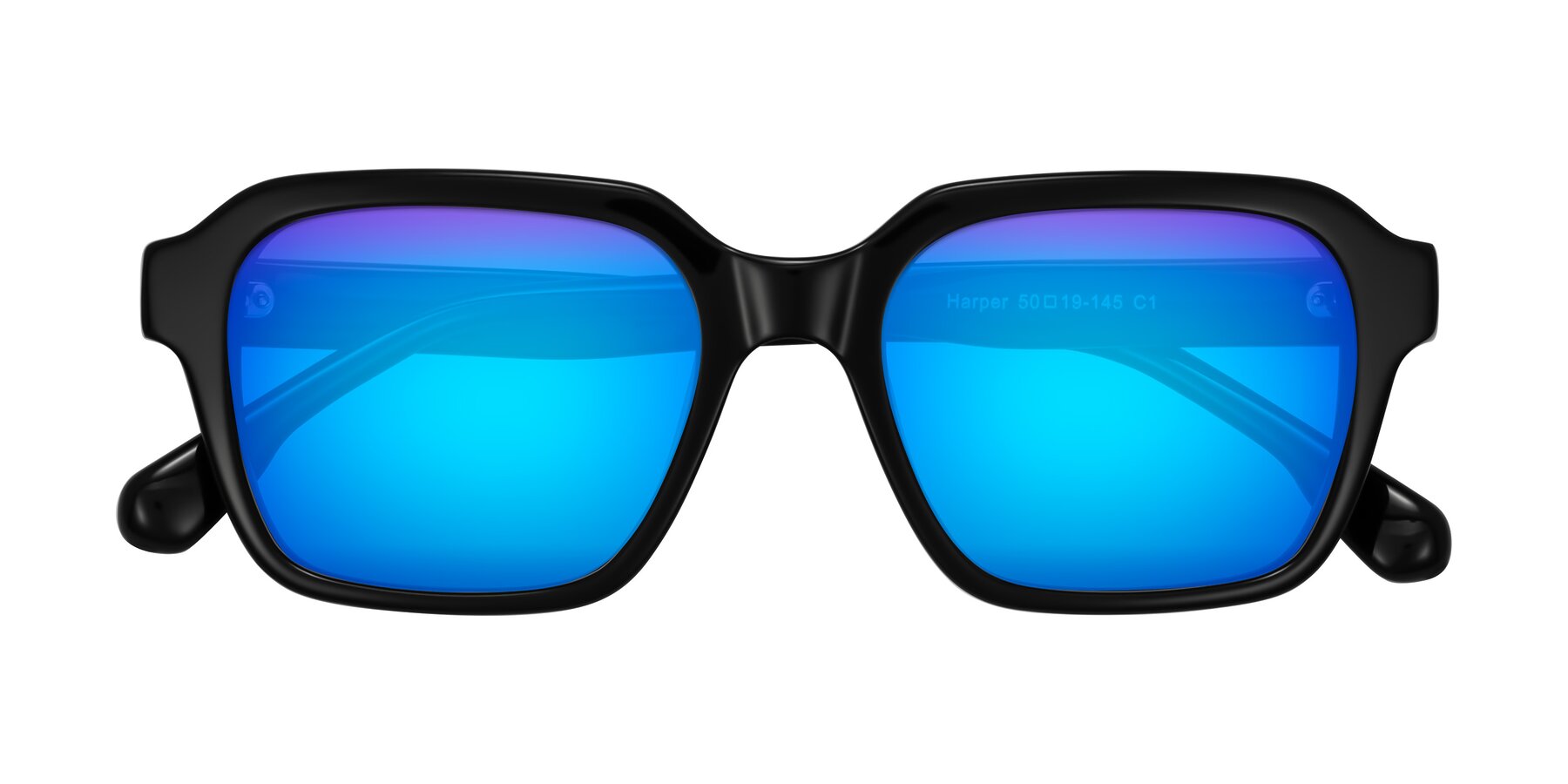 Folded Front of Harper in Black with Blue Mirrored Lenses
