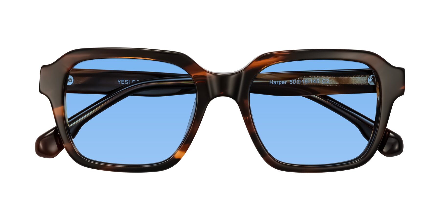 Folded Front of Harper in Brown Striped with Medium Blue Tinted Lenses