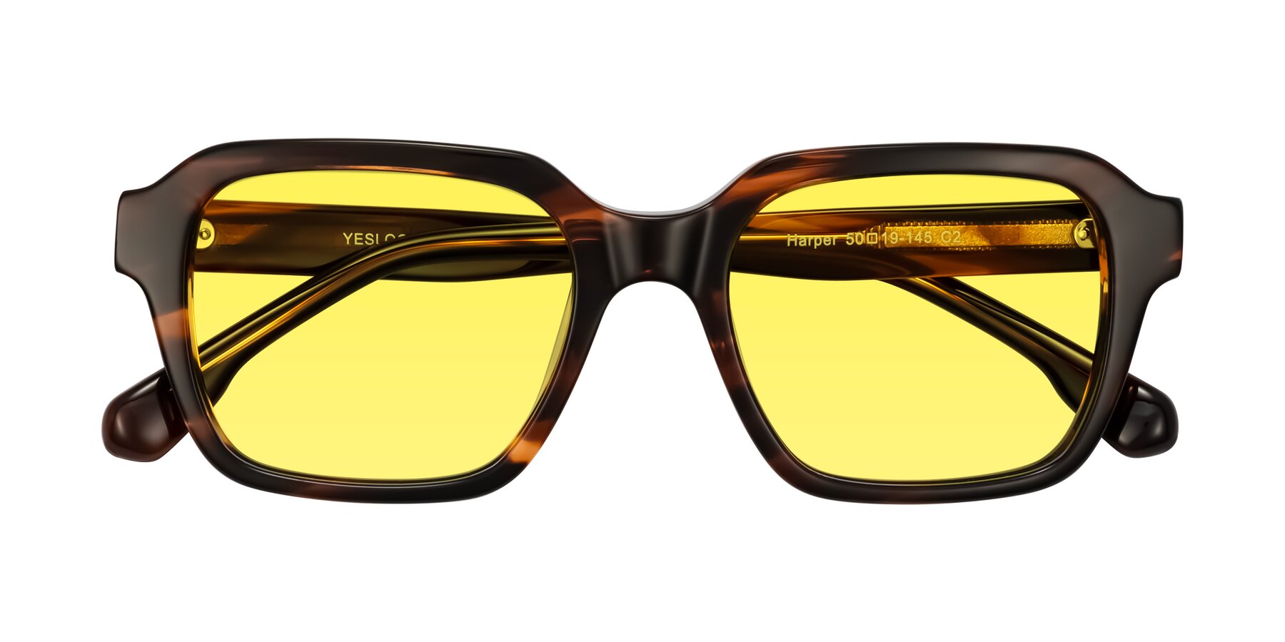 Folded Front of Harper in Brown Striped with Medium Yellow Tinted Lenses