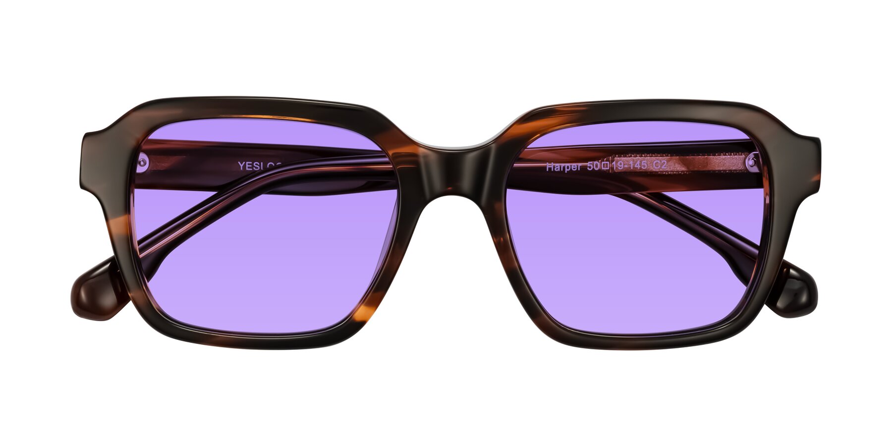 Folded Front of Harper in Brown Striped with Medium Purple Tinted Lenses