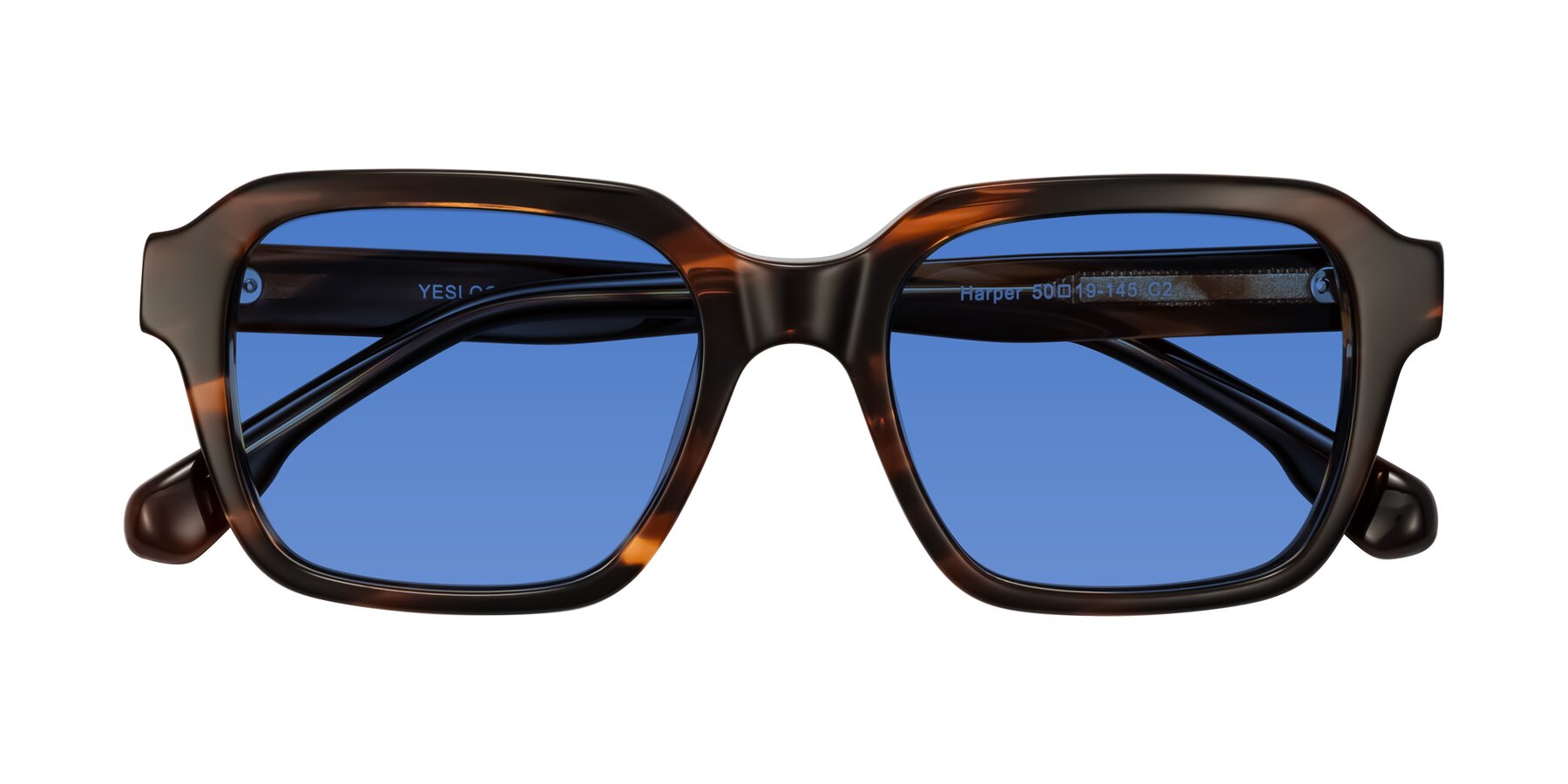 Folded Front of Harper in Brown Striped with Blue Tinted Lenses