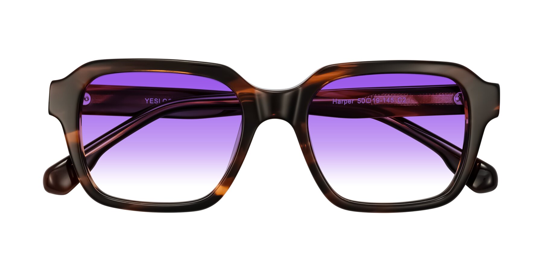Folded Front of Harper in Brown Striped with Purple Gradient Lenses