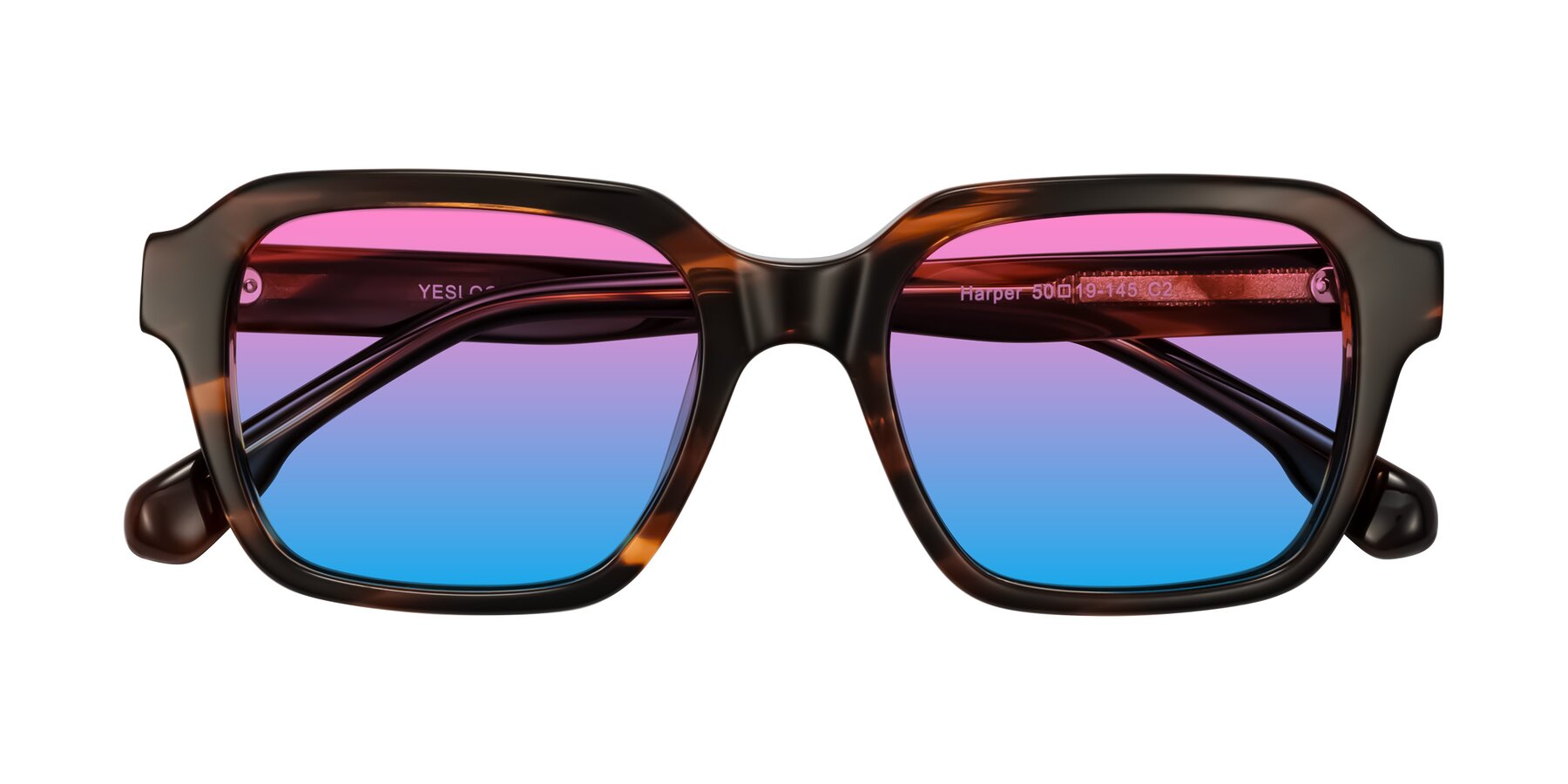 Folded Front of Harper in Brown Striped with Pink / Blue Gradient Lenses