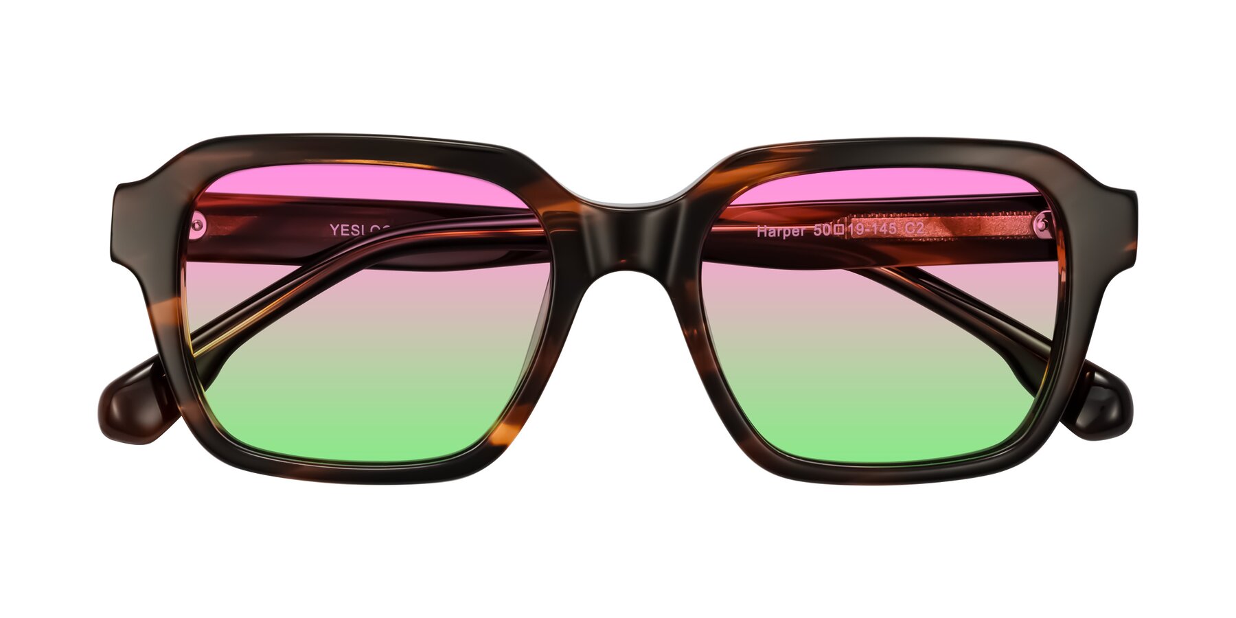 Folded Front of Harper in Brown Striped with Pink / Green Gradient Lenses