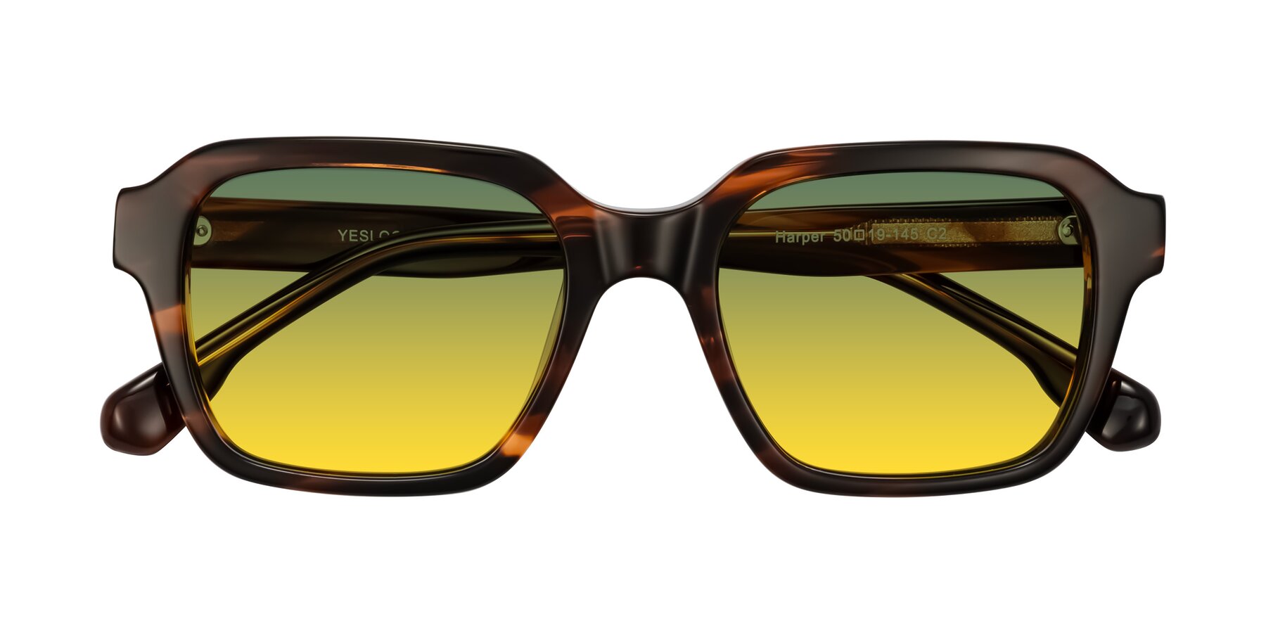 Folded Front of Harper in Brown Striped with Green / Yellow Gradient Lenses